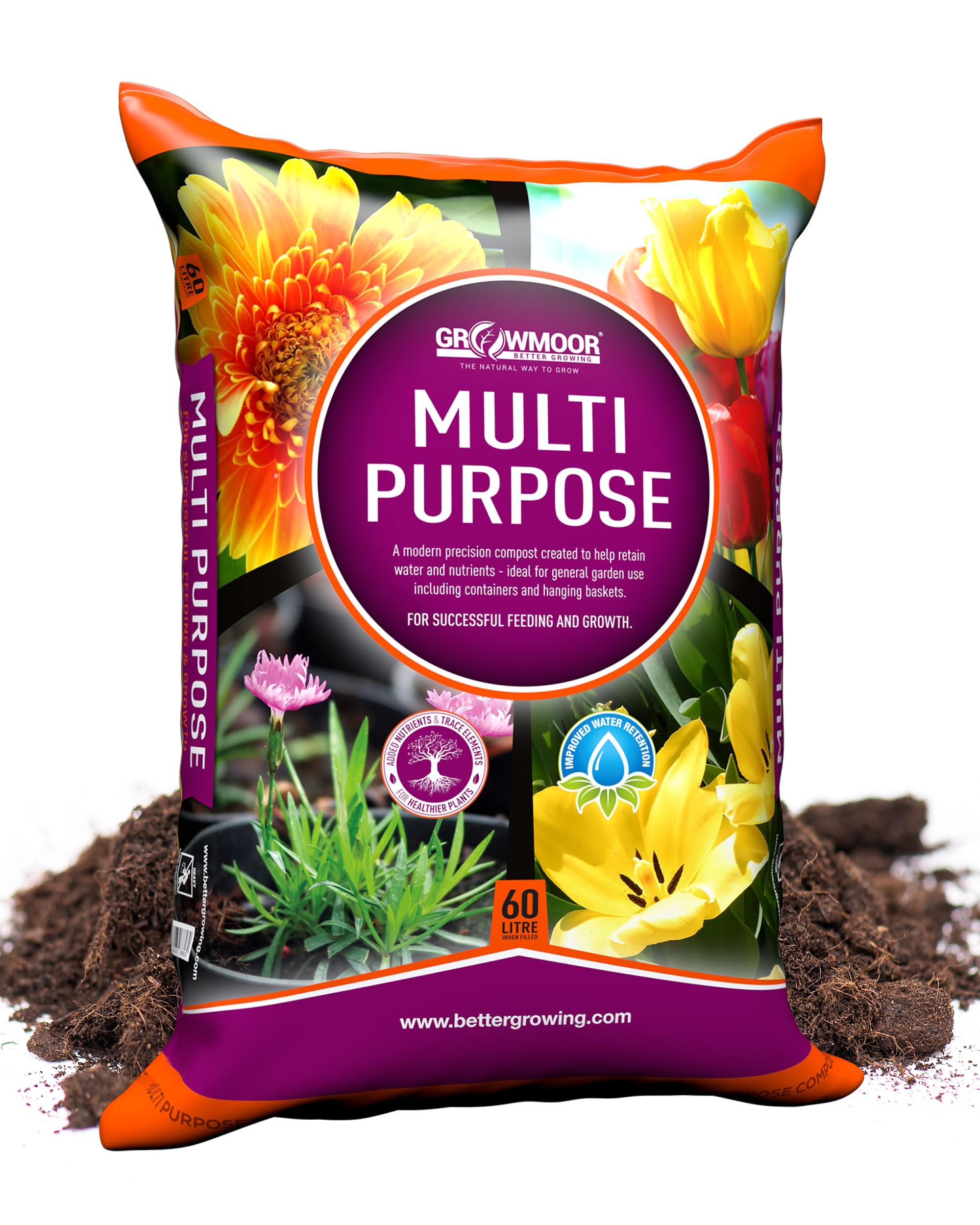 Growmoor Multi-Purpose Compost for Use All Around the Garden – Promotes Healthy Growth, Vibrant Flowers & Strong Roots – 60L