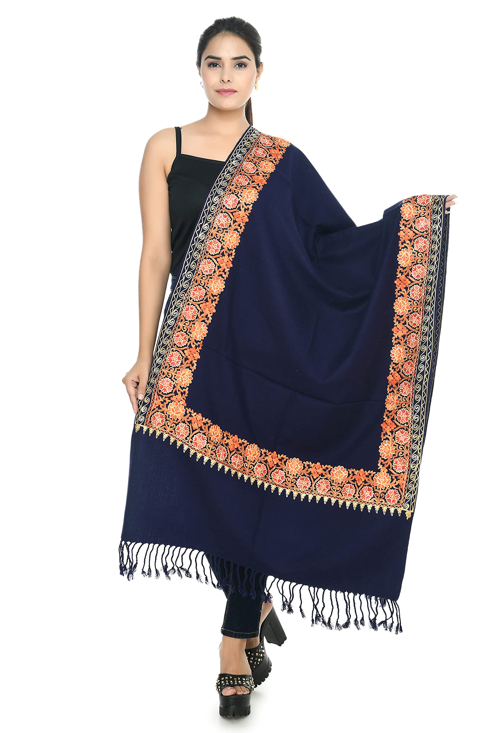 manra Women's Kashmiri Wool Aari Embroidery Border Stole/Shawl Wraps (SIZE: 30" X 80")-picture-51