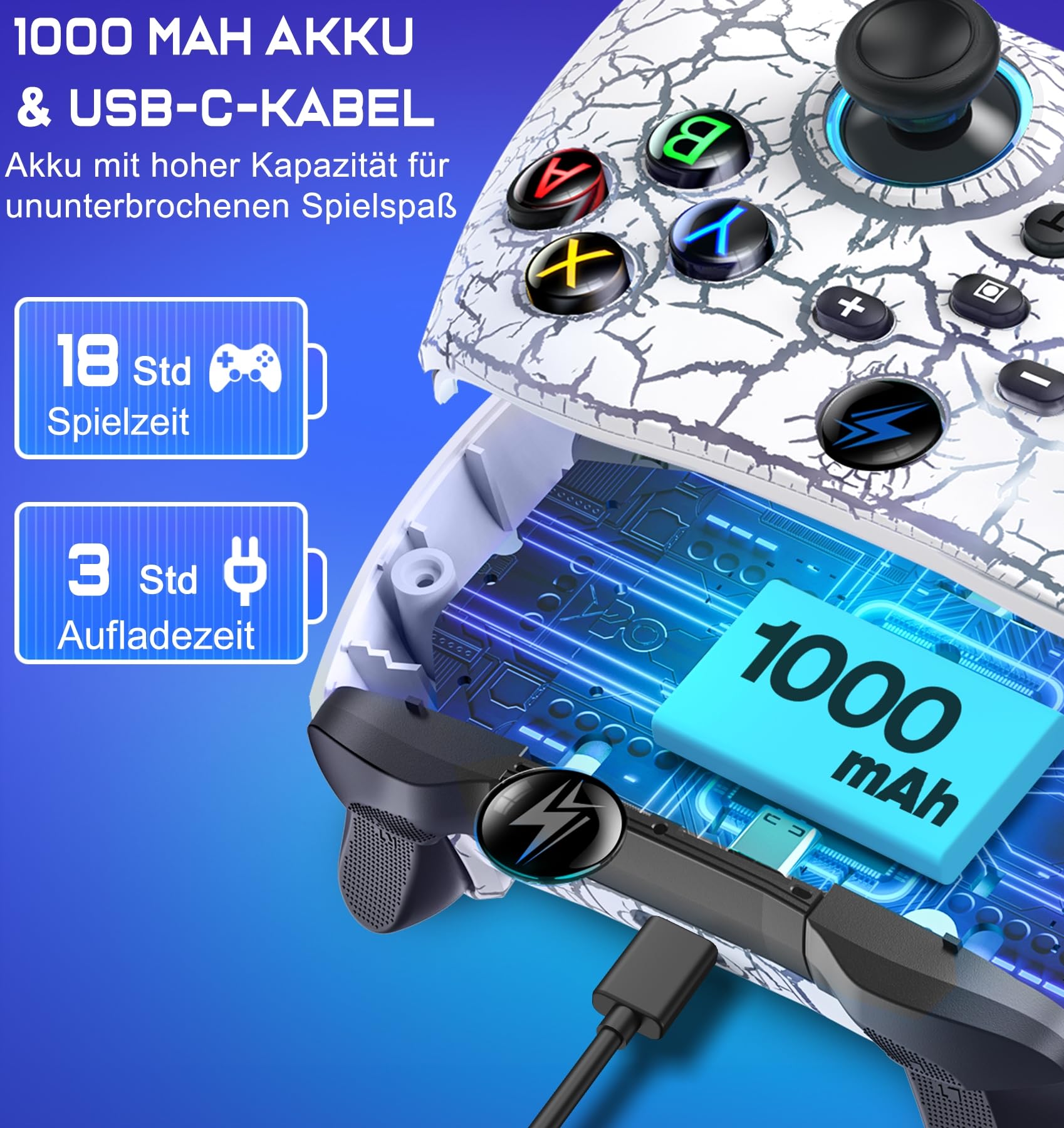 HASACOOL Switch Pro Controller Mit 2 Back Button Macro Programmierbar/Rissiges Design Lichter, 1000mAh für Switch/Lite/OLED, Kompatibel Mit Android/IOS/PC(Weiß)