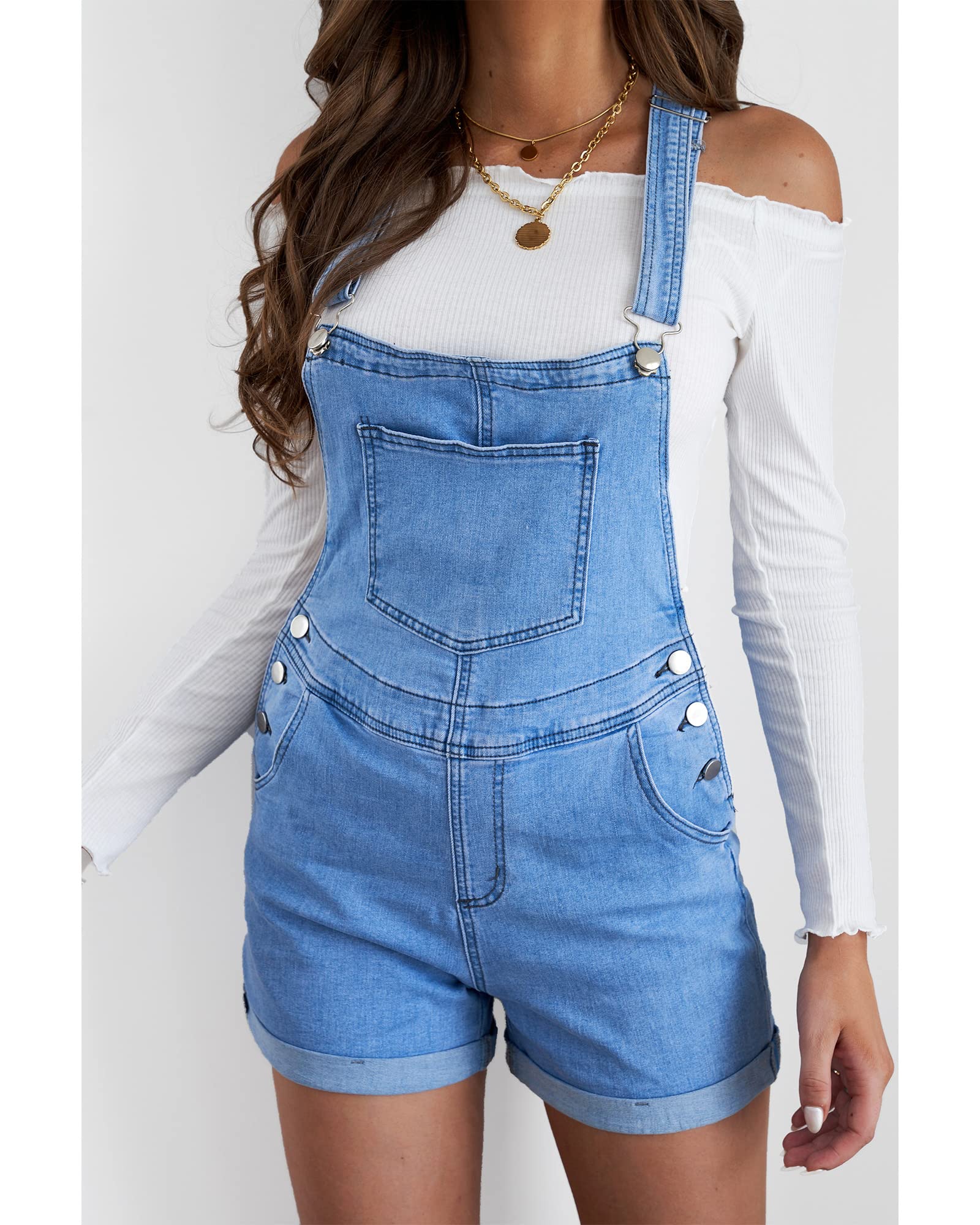 Roskiky Salopette en jean pour femme avec sangles à boucle et poches à ourlet