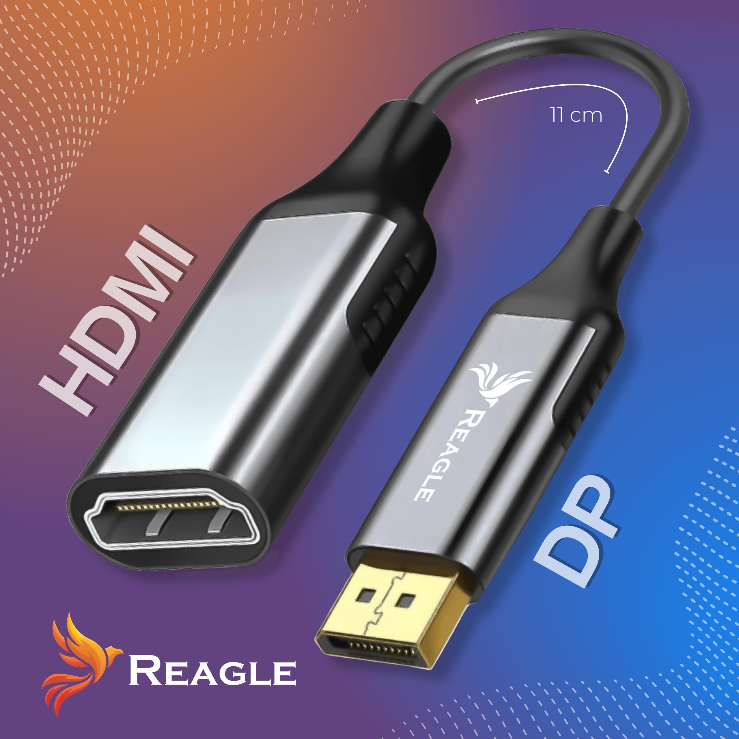 Reagle Adapter DisplayPort Do HDMI 2.0 4K 60Hz HDR – Kabel DP Do HDMI Full HD 240Hz, Adapter Monitor TV Projektor, Plug & Play, Pozłacane Złącza