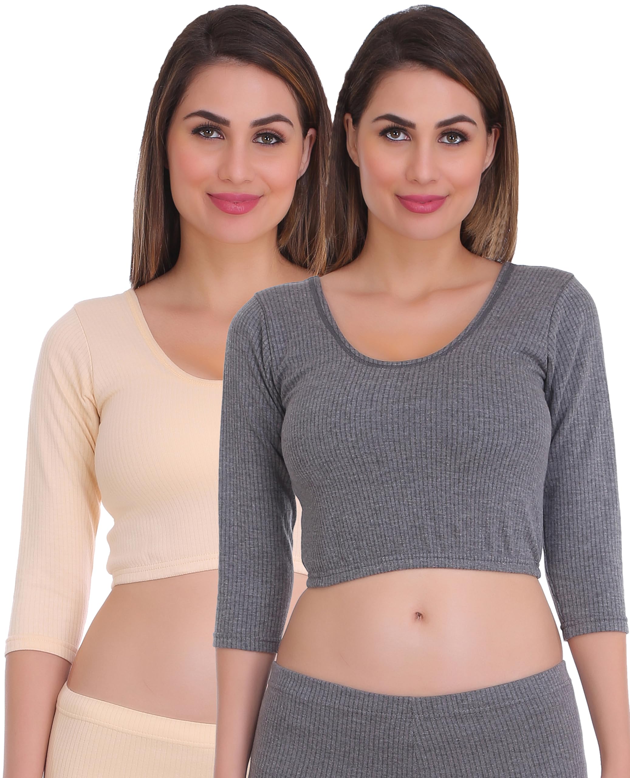 selfcare Pack of 2 Womens Solid 3/4 Sleeve Thermal Crop Tops-picture-34