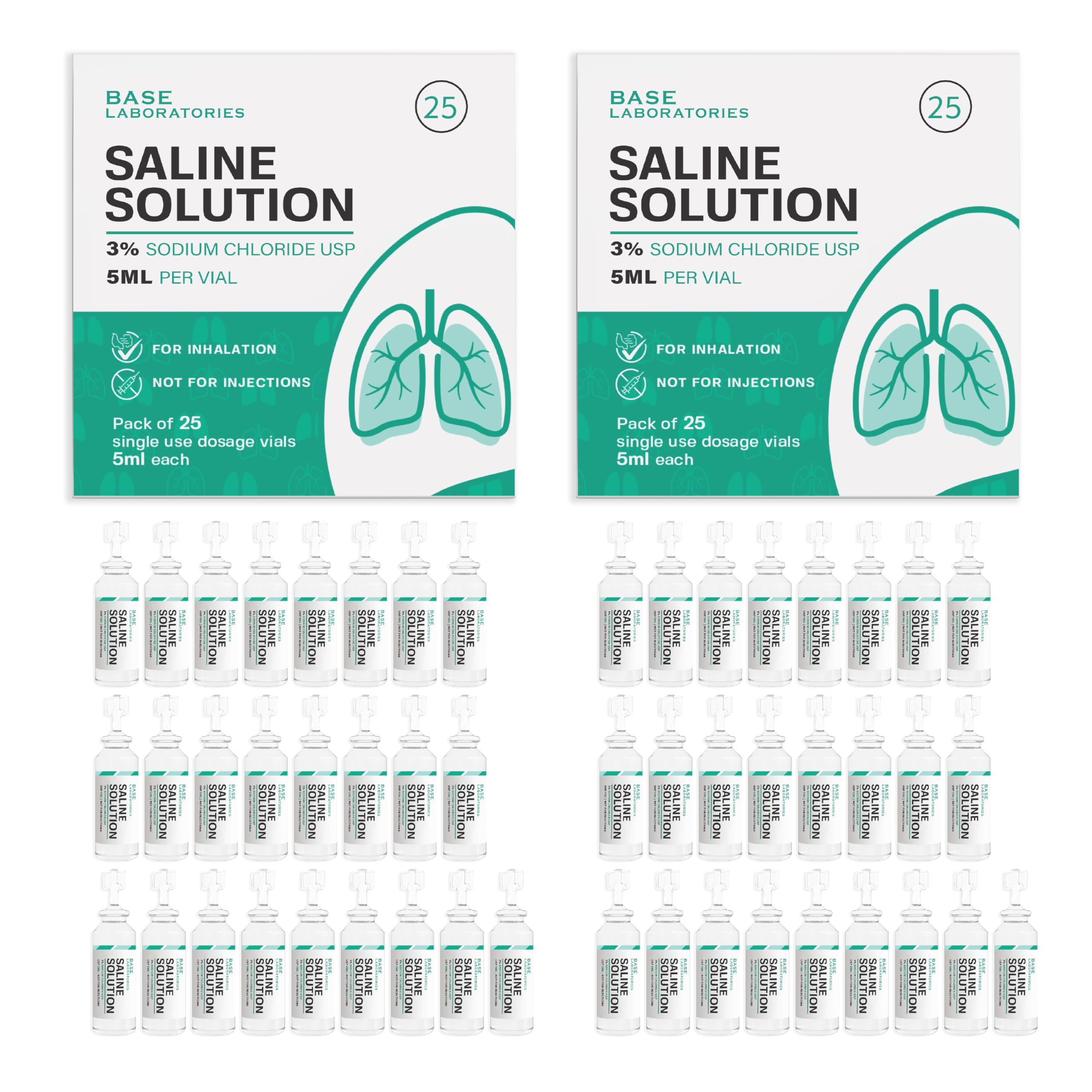 BASE LABORATORIES 3% Saline Solution for Nebulizer Machine | Saline Solution for Inhalation & Nasal Irrigation | High 3% Concentration l (25 x 2) 50 Vials 5ml Unit Dose