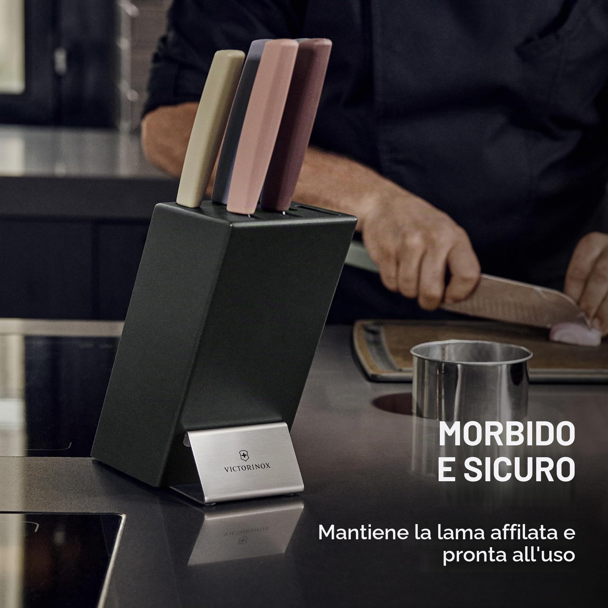 Victorinox Swiss Modern Ceppo di coltelli professionali con contenuto, 6 pezzi, incl. 6 coltelli da chef con manico in legno, nero