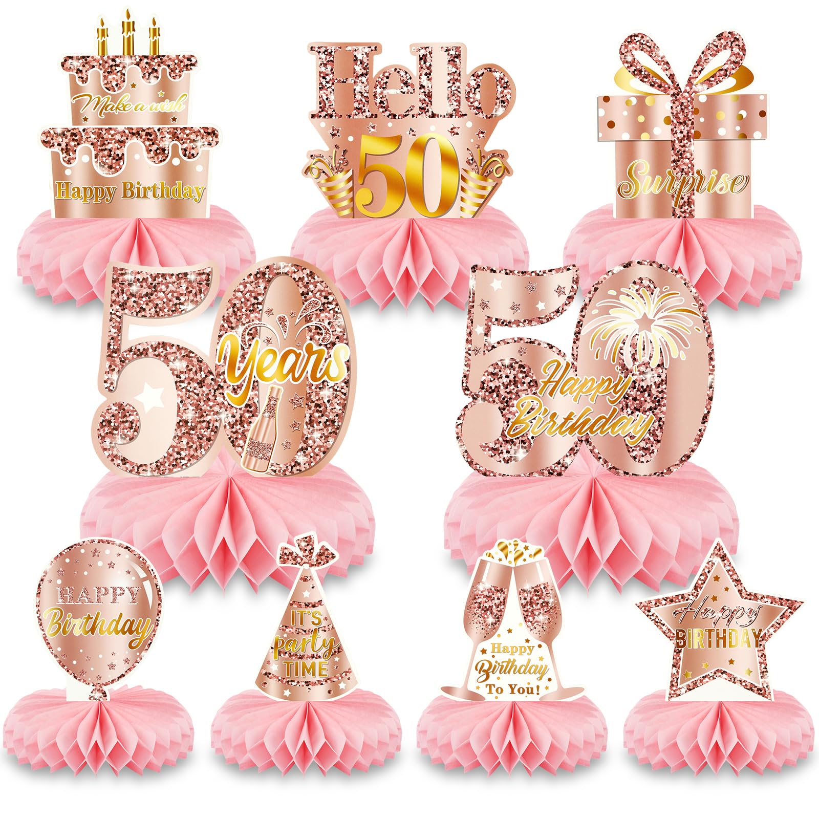 AOOHA 50th Birthday Honeycomb Decorations,Happy Birthday Rose Gold Centerpieces,Pink Table Decorations,Cake Toppers,50 Years Birthday Party Supplies,Decor Supplies for Woman