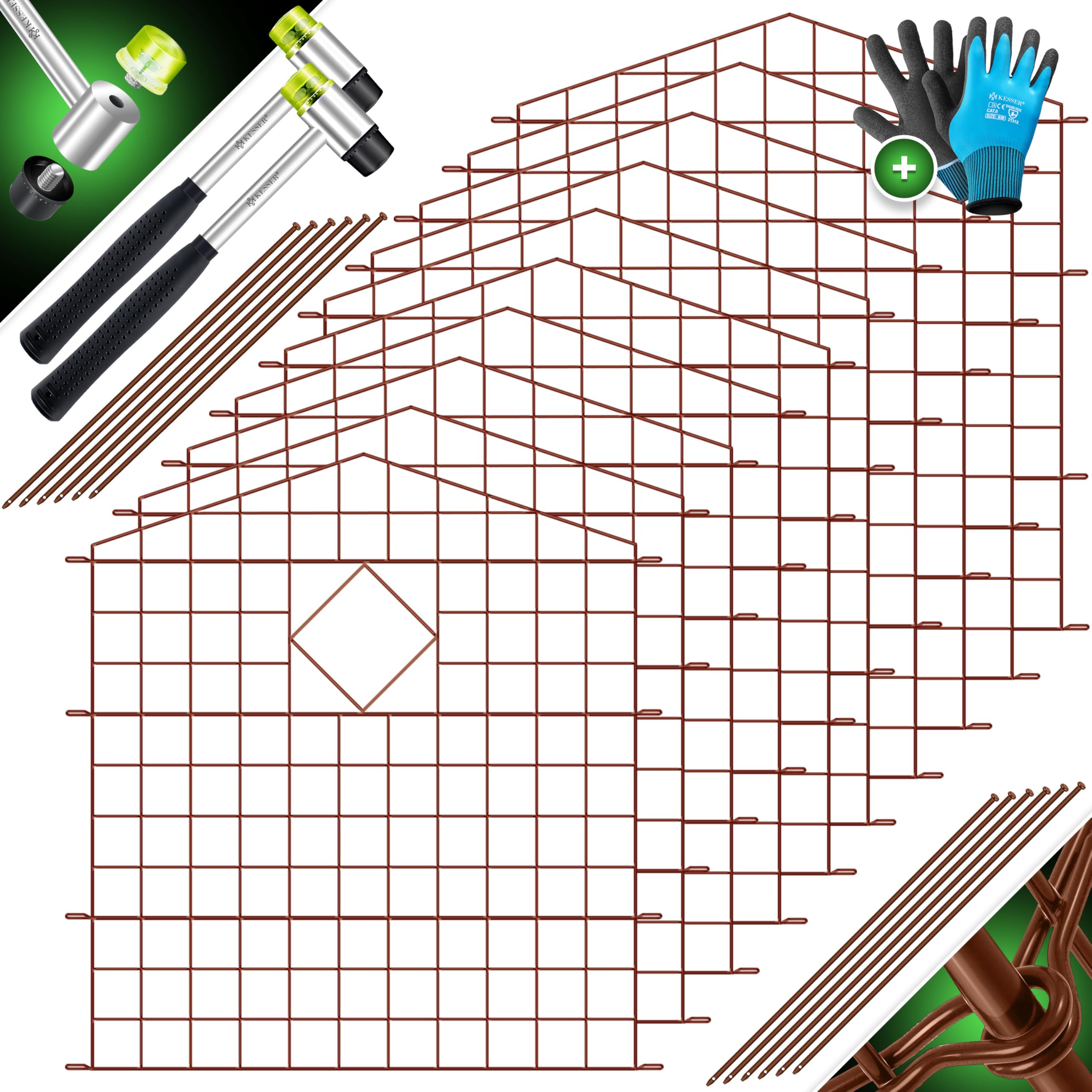 KESSER® Teichzaun Gartenzaun Steckzaun Komplettset Metall 10x Oberbogen Spitz Inkl. Handschuhe, 2x Hammer + 12 Befestigungsstäben, Zaun zum stecken für Garten, Gitterzaun Set Freigehege für Tiere