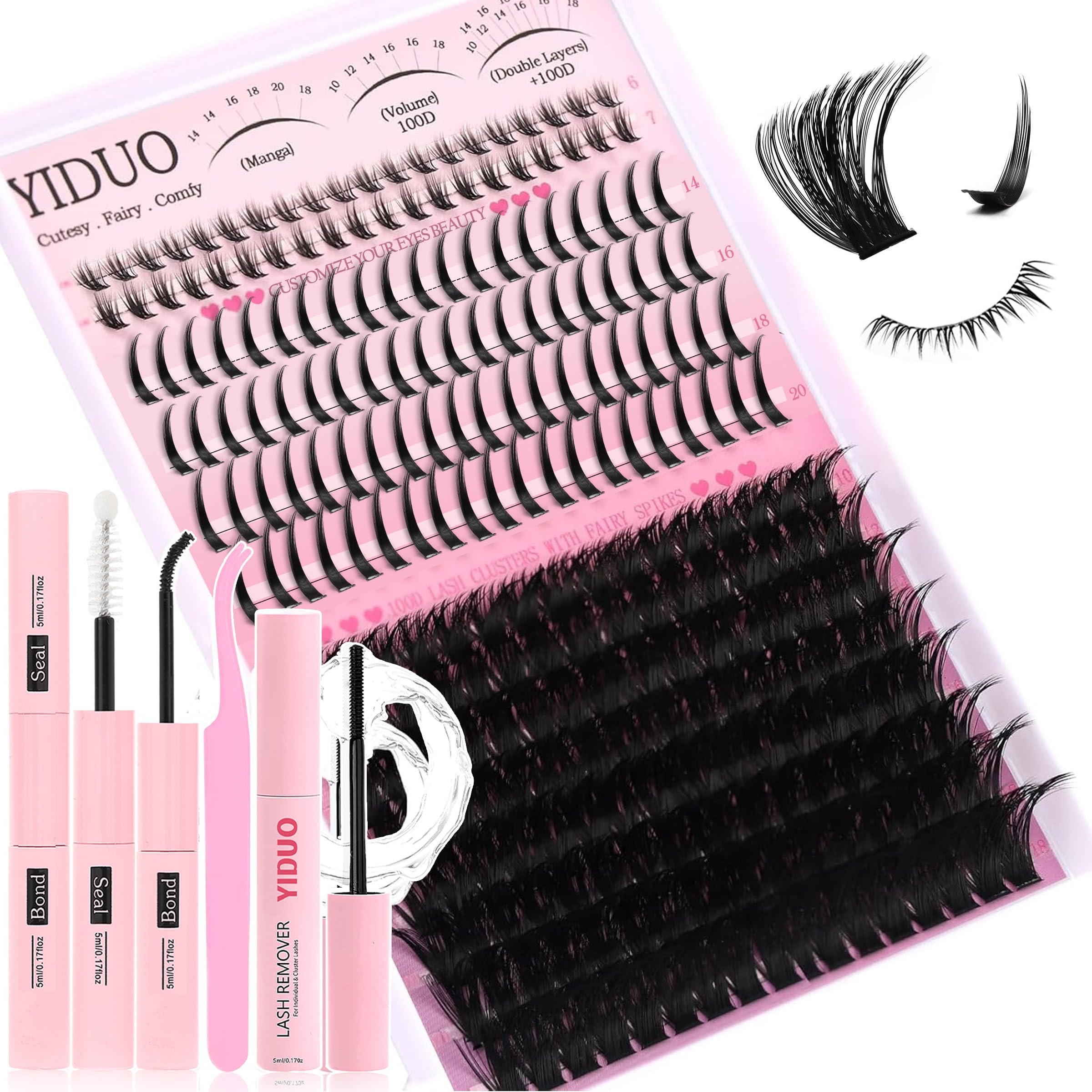 YIDUO Lashes Clusters Kit Bottom Lashes with Spikes 100D Cluster Eyelash Extensions Kit 10-120mm Volume Manga DIY Individual Strips Lashes Thick with
