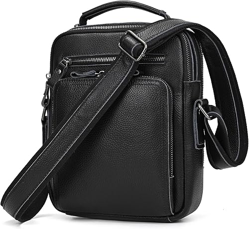 Miniatura 8 de Bolso pequeño de cuero para hombre, bandolera de cuero genuino y bolsa de hombro para hombres, bolsillos con cremallera, bolso de mano para hombre