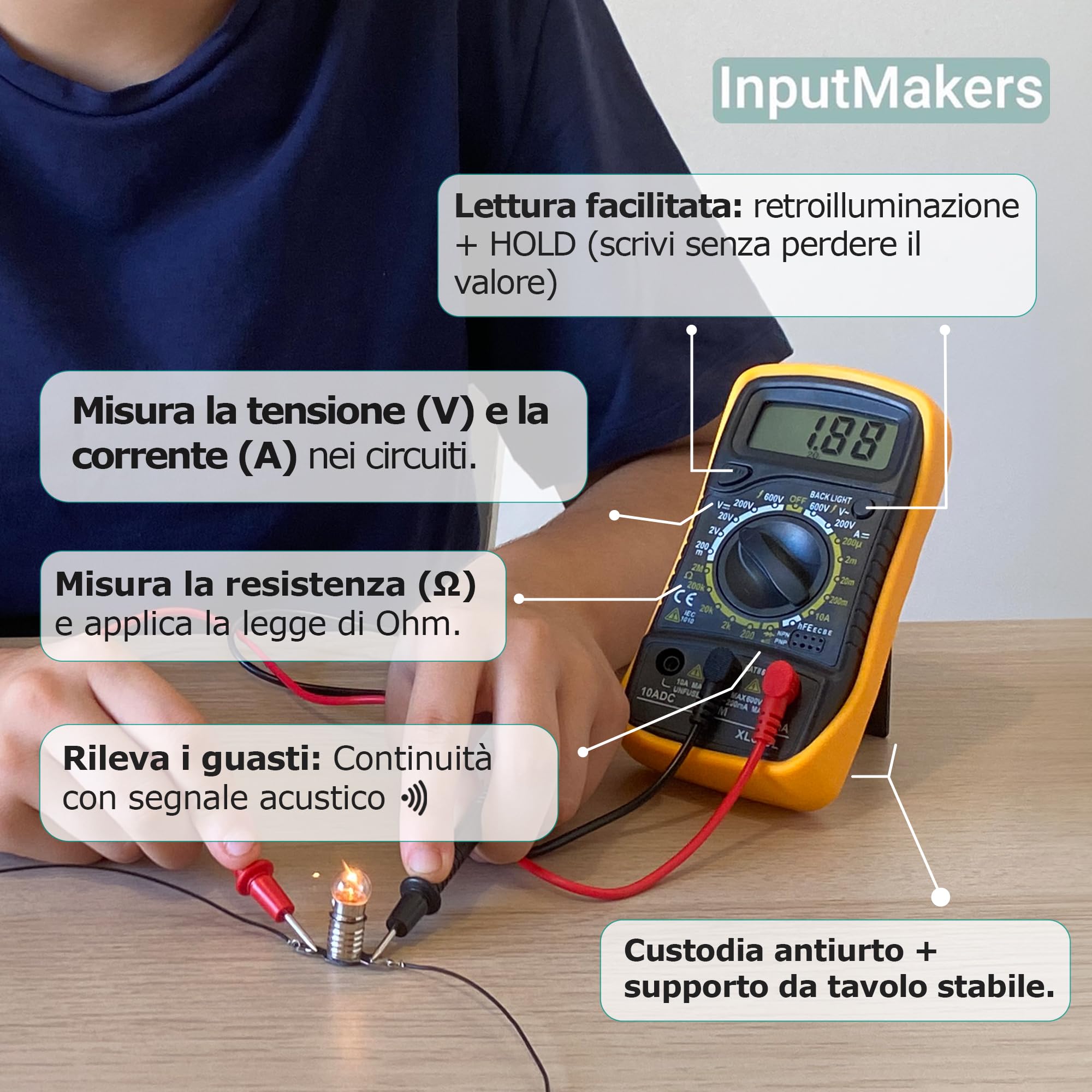 Kit elettrico scolastico avanzato con multimetro digitale, kit circuito elettrico scuola media, circuiti elettrici, kit elettronica, scuola e casa