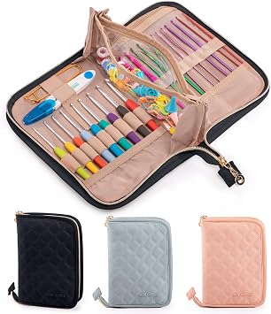 MYBAGZING Crochet Hook Case Empty Organizer with 24 Slots for Crochet Hooks & Ergonomic Aluminum Crochet Needles, Zipper Pocket for Accessories and Supplies