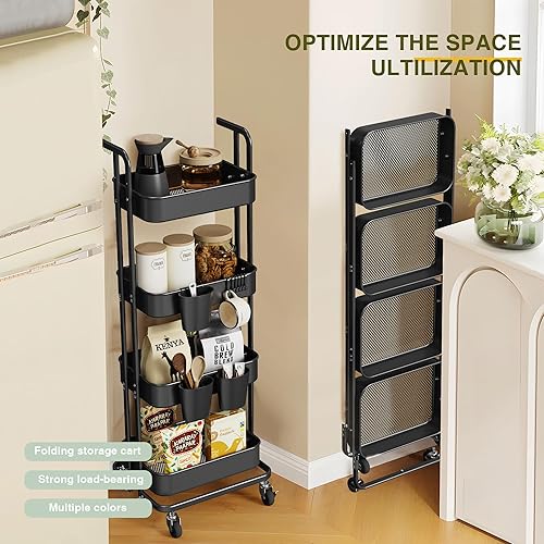 Miniatura 2 de 4 Tier Foldable Rolling Cart, Metal Utility Cart with Wheels, 3 Hanging Cups and 6 Hooks, Folding Trolley for Living Room, Kitchen, Bathroom,