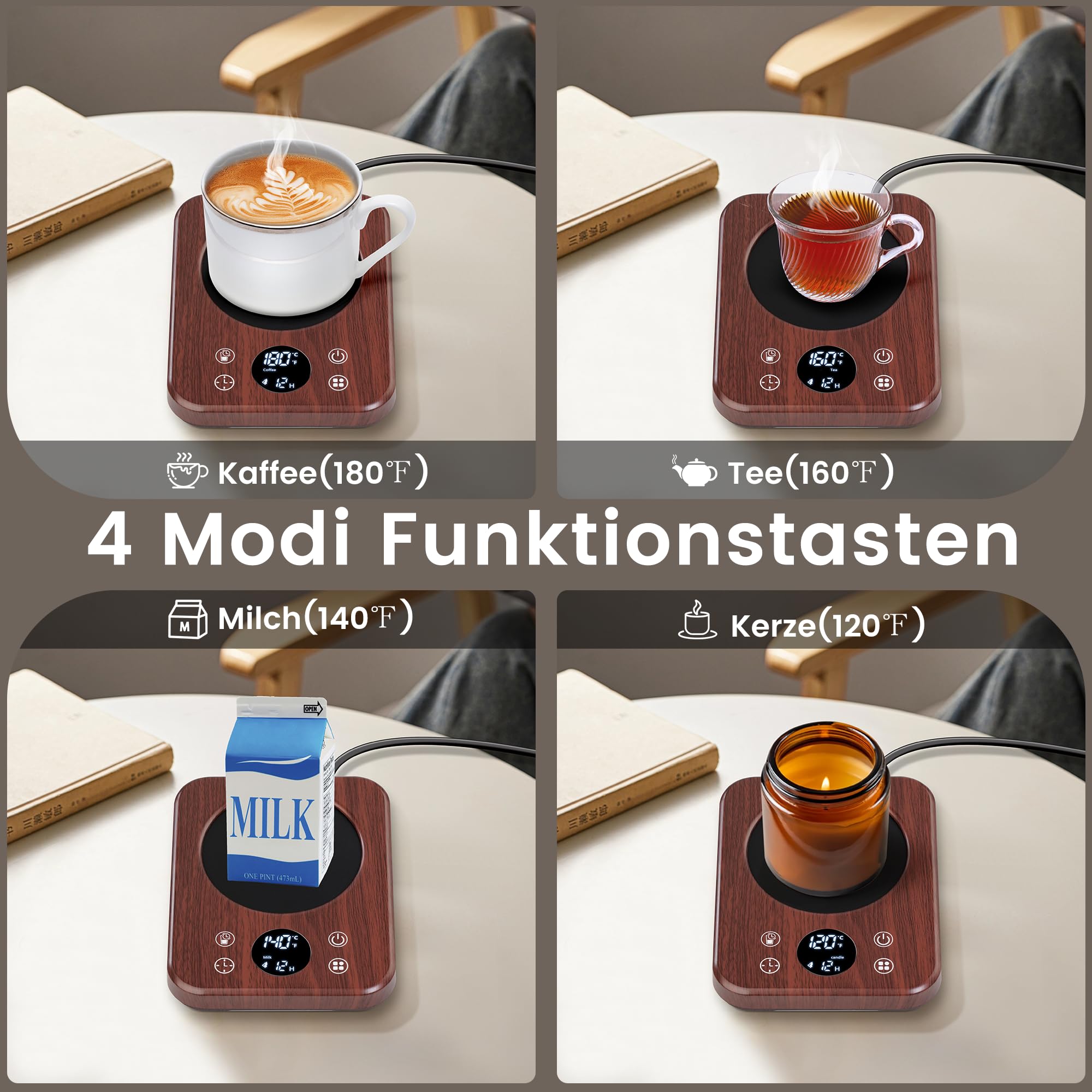 Calentador para Taza Inteligente 9 Niveles Temperatura 40℃-80℃ Apagado Automático 8 Horas Café Leche Té Madera