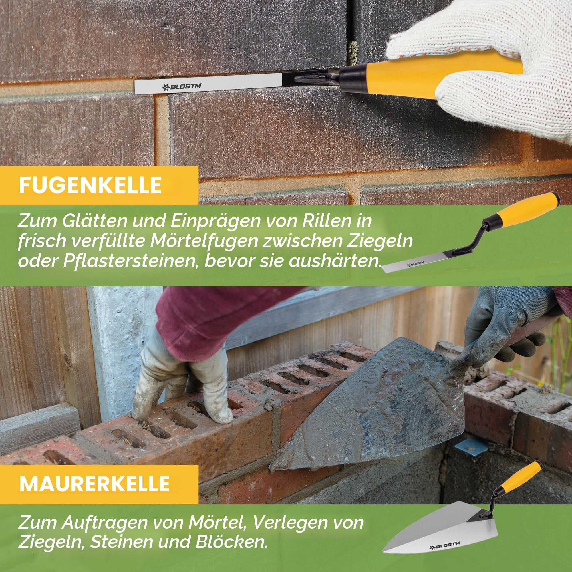 BLOSTM Maurerkellen-Set, 5-teilig, Ziegelfugenwerkzeug, Messkelle, Putzkelle – aus robustem Karbonstahl – Maurerwerkzeuge mit weichen Griffen (5 Stück)