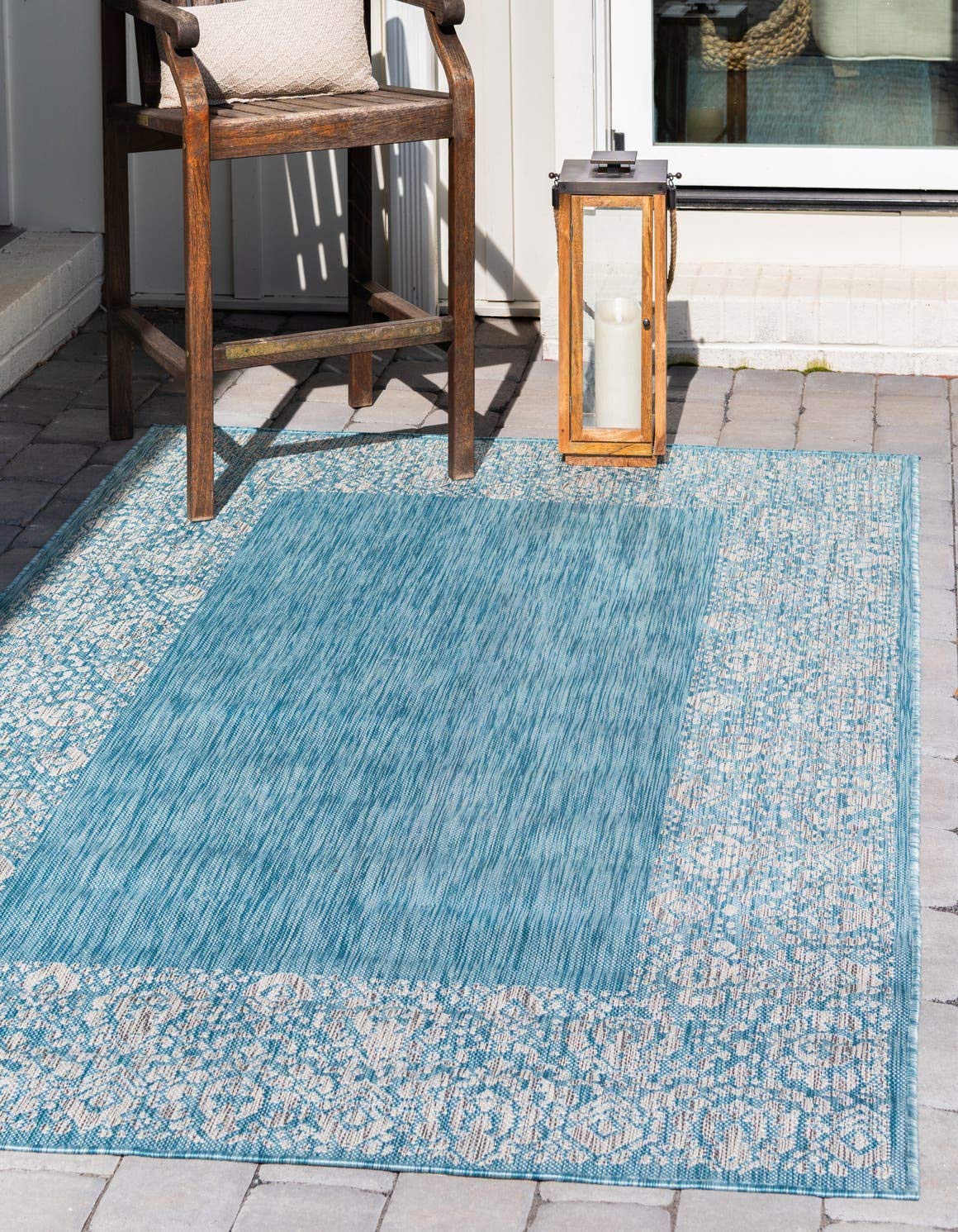 Unique Loom Outdoor Border Collection Area Rug - Floral Border (7' 1" x 10' Rectangle, Aqua/ Ivory)