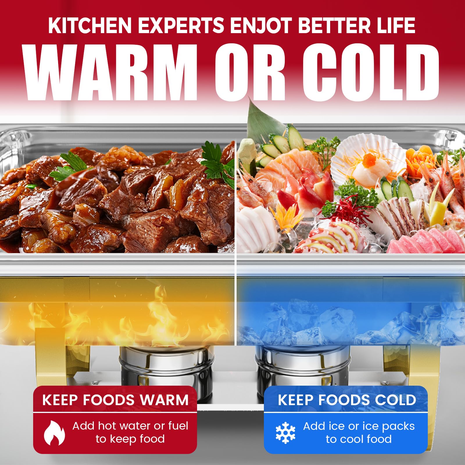 IMACONE Juego de 2 platos para buffet, de acero inoxidable de 8 cuartos de galón, rectangulares y calentadores de buffet para catering, con bandeja para alimentos y agua, tapa, marco plegable dorado,