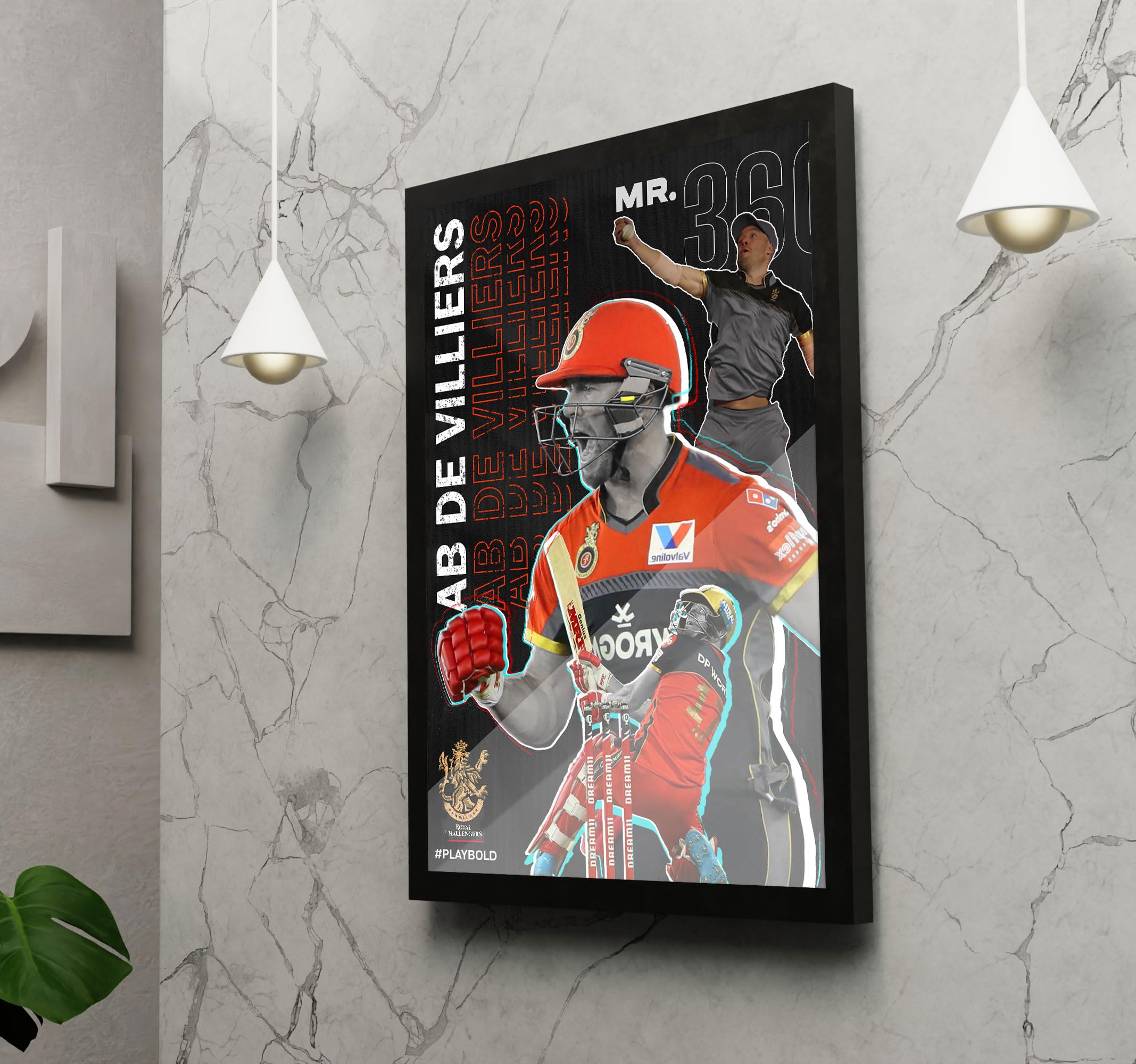 FRAMEO STORE AB De Villiers RCB Glass frame, AB De VIlliers Royal challengers Bangalore wall art framed poster (A3 size - 12 X 18 Inches) 1
