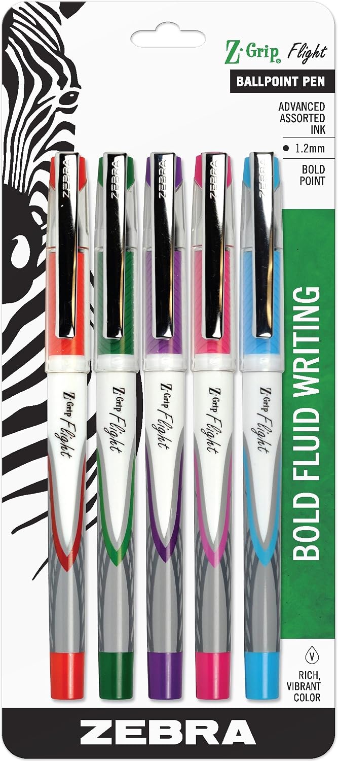 Zebra Pen Z-Grip Flight Stick Ballpoint Pen, Bold Point, 1.2mm, Assorted Fashion Colors, 5-Count