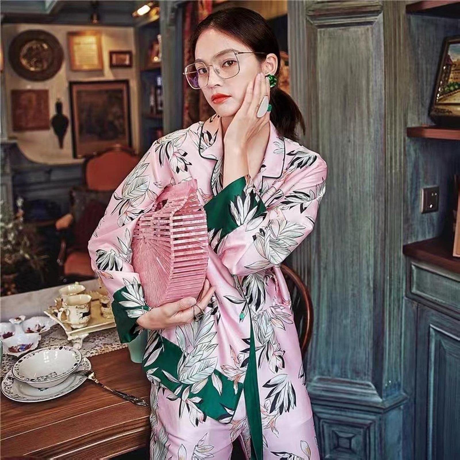 Pigiama Donna Stampa Floreale Donne Pigma Set Rosa Inverno Inverno Signore Abiti da Casa Autunno Pijama 2 Pezzi con Pantaloni Indossa