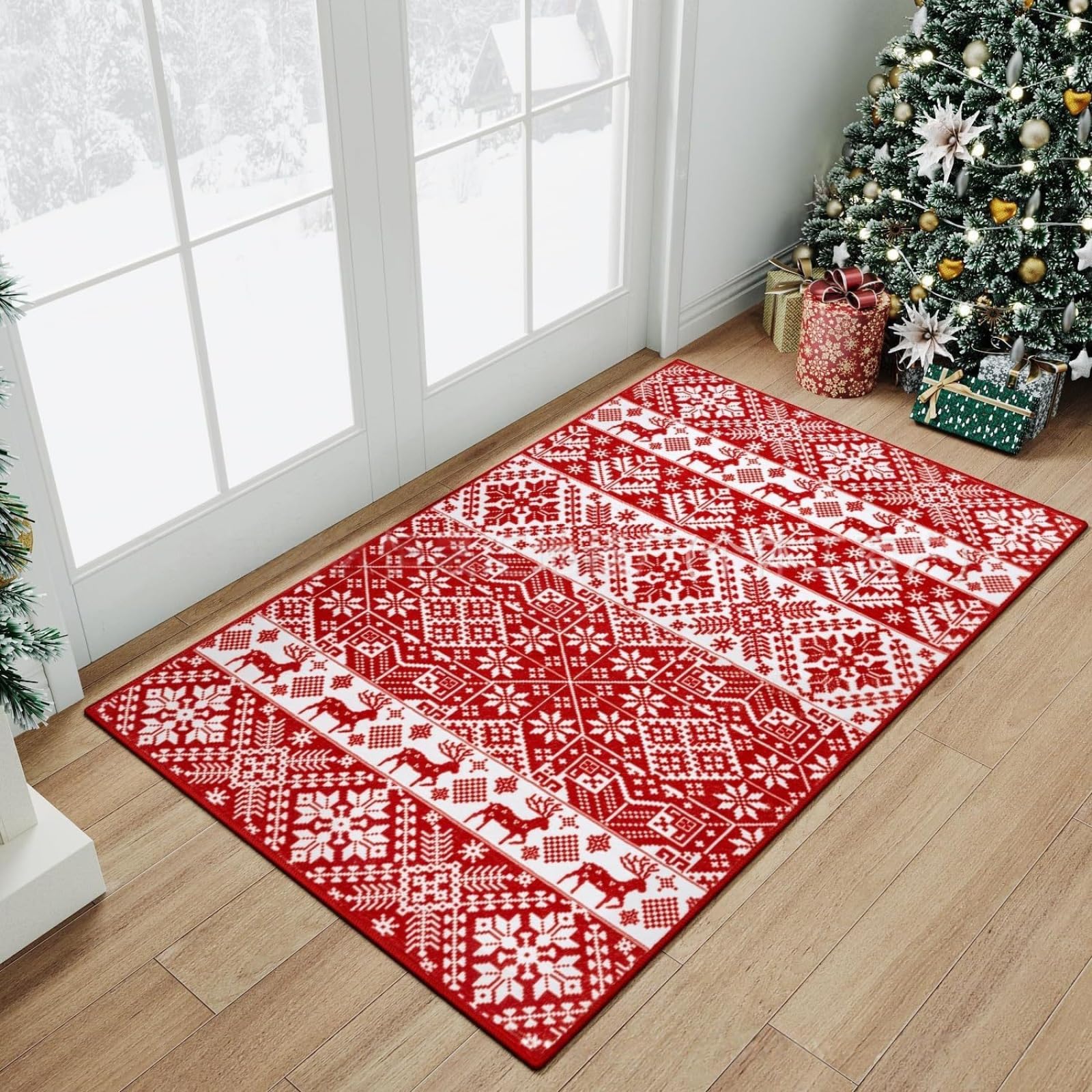 Felpudo Entrada Casa 60x80 cm Navidad Reno Rojo Felpudo Exterior Antideslizante Lavable Felpudos para Pasillo Cocina Puerta Jardín Decoración Alfombrilla para Entrada