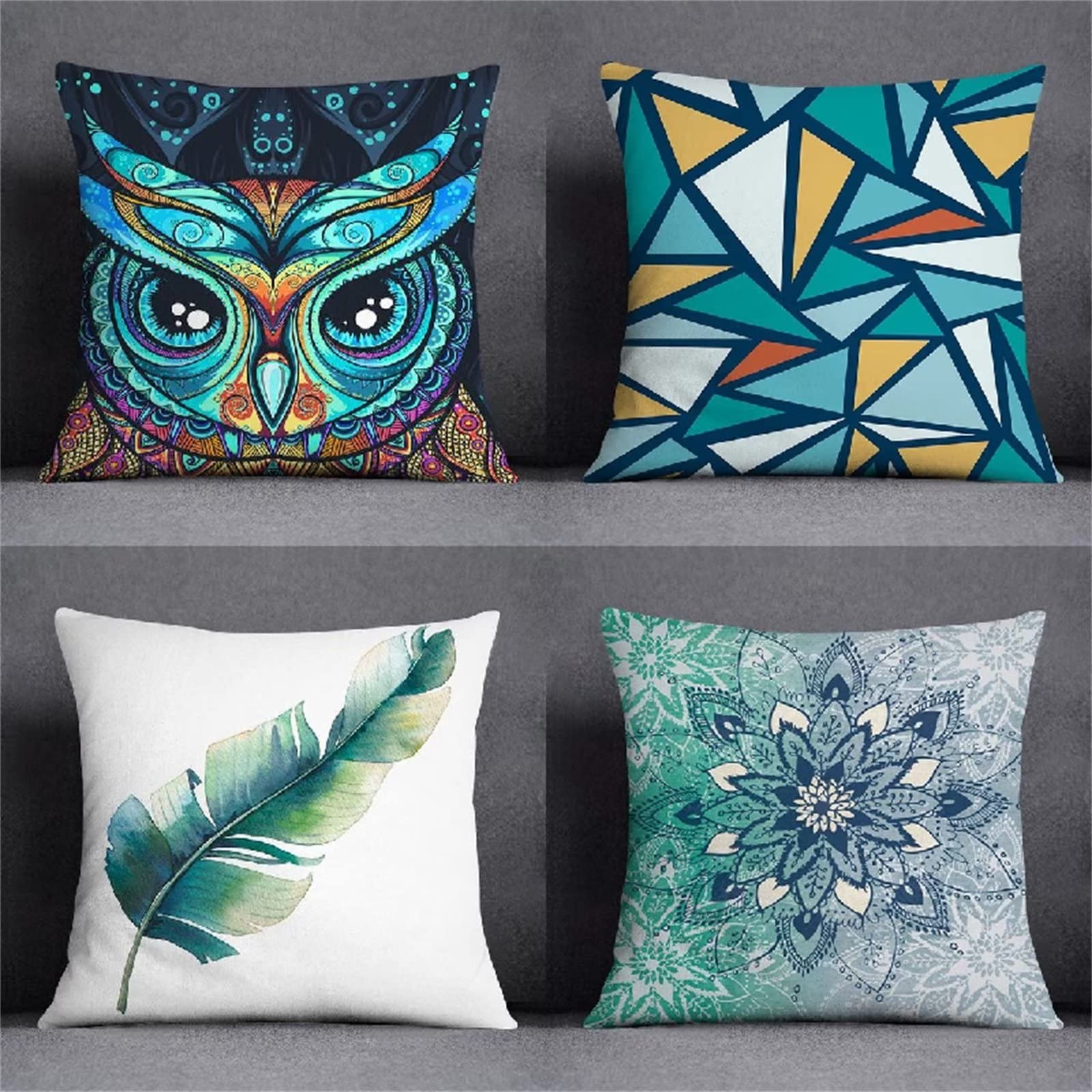 Cojines 60x60cm Búho Geométrico Cojines Decorativos para Sofa Moderna Decorativa Cojín Juego de 4 para Decoración Hogar Linen Almohadas cuadradas Funda de Cojín D-4331