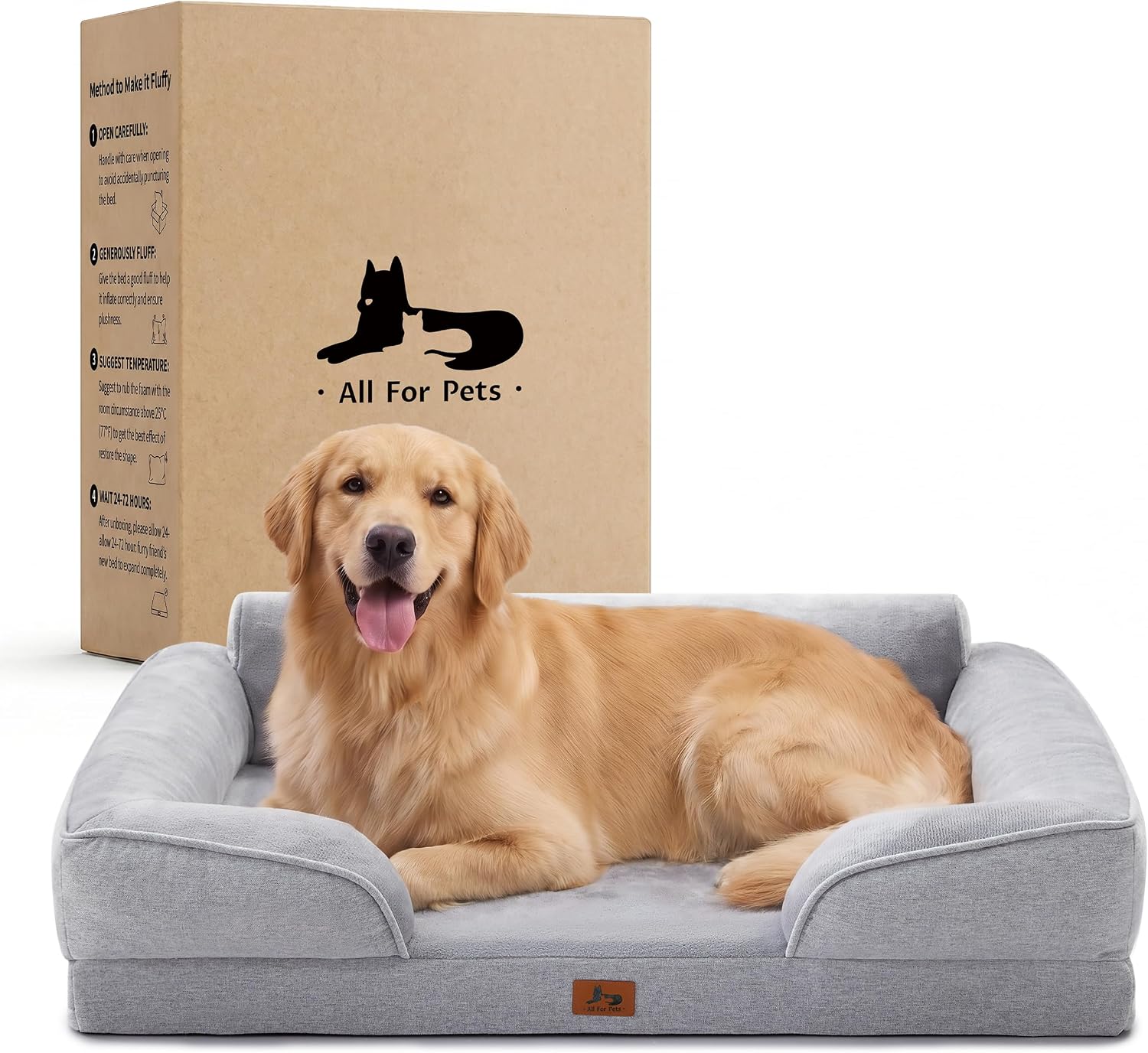 Orthopedic Dog Beds for Large Dogs, Waterproof XL Pet Couch Bed with Soft Sides, Washable Dog Sofa with Flannel Removable Cover, 42" L Supportive Egg-Crate Foam Pet Sofa, Light Grey