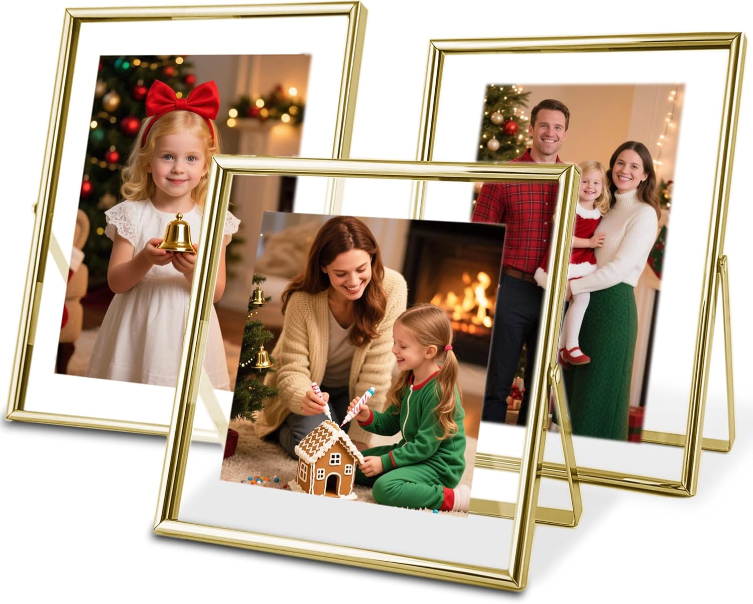 Gold Floating Picture Frames – Set of 3, for Photo Size 4×4, 4×6, 5×7, Vertical Tabletop Display, Double Glass Metal Frame for Wedding, Home or Office Desk Decoration (Gold)