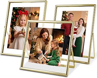 Gold Floating Picture Frames - Set of 3, for Photo Size 4×4, 4×6, 5×7, Vertical Tabletop Display, Double Glass Metal Frame for Wedding, Home or Office Desk Decoration (Gold)