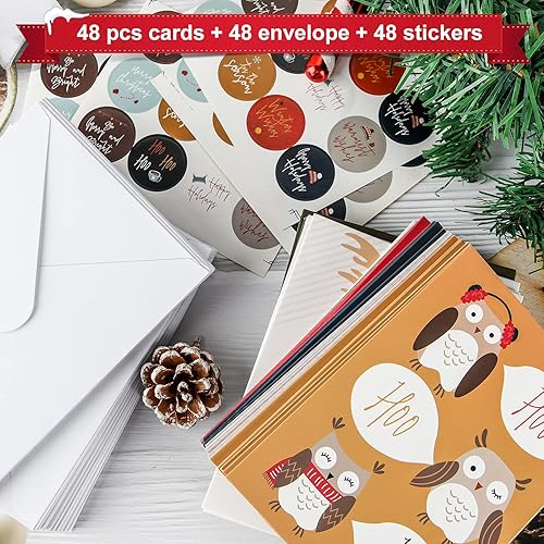 Miniatura 7 de HERZOME Paquete de 48 tarjetas de felicitación navideñas de invierno con sobres y calcomanías, 8 patrones de animales del bosque, tarjetas de