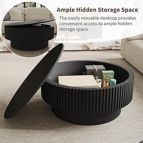 Miniatura 8 de Mesa de centro redonda con almacenamiento, modernas mesas de centro de madera estriada con base resistente, mesa de té central circular de tambor de