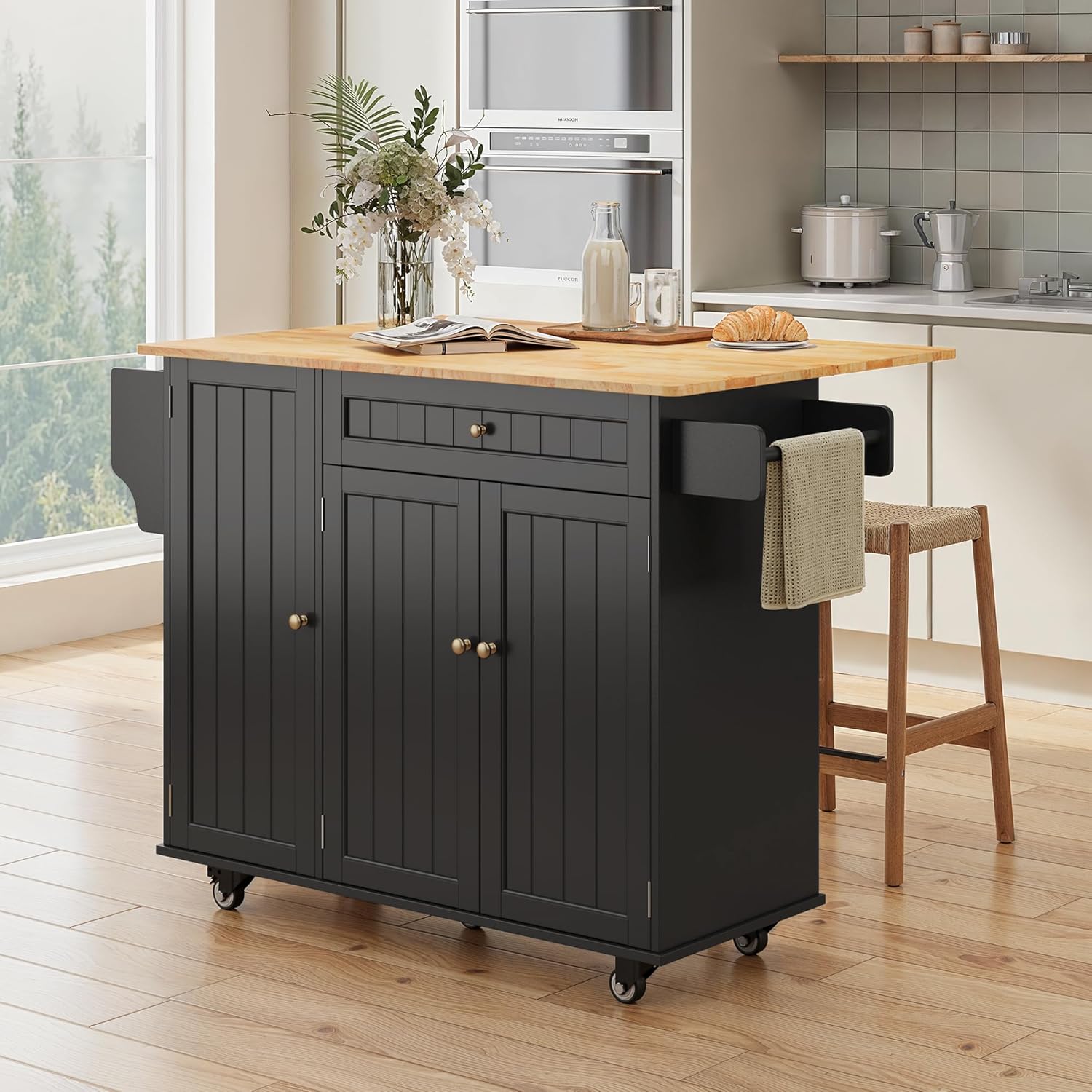 Ahomly Kitchen Island with Storage, Island Table for Kitchen with Drop Leaf, 5 Wheels, a Drawer, Spicy Rack and Towel Bar, Black