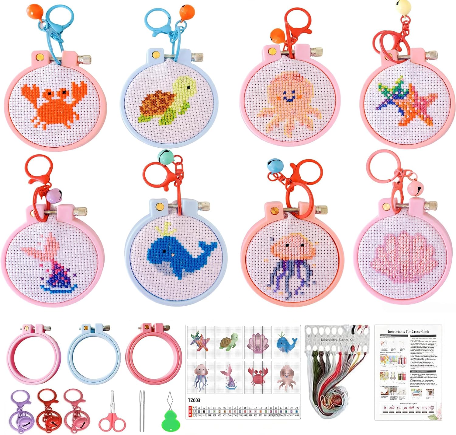 VIGEGU 8 Pack Cross Stitch Kits for Beginners,Marine Animals Stamped Cross Stitch Kits for Kids,Crafts for Girls 8-12 Embroidery Kit 11CT Cross Stitch Kit for Beginners with Frame