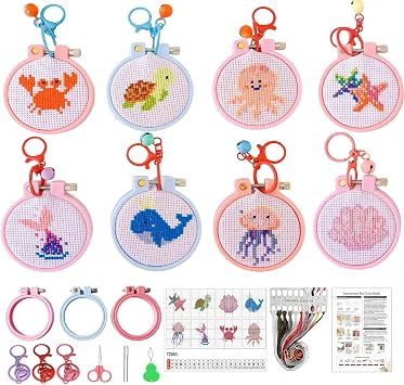 VIGEGU 8 Pack Cross Stitch Kits for Beginners,Marine Animals Stamped Cross Stitch Kits for Kids,Crafts for Girls 8-12 Embroidery Kit 11CT Cross Stitch Kit for Beginners with Frame
