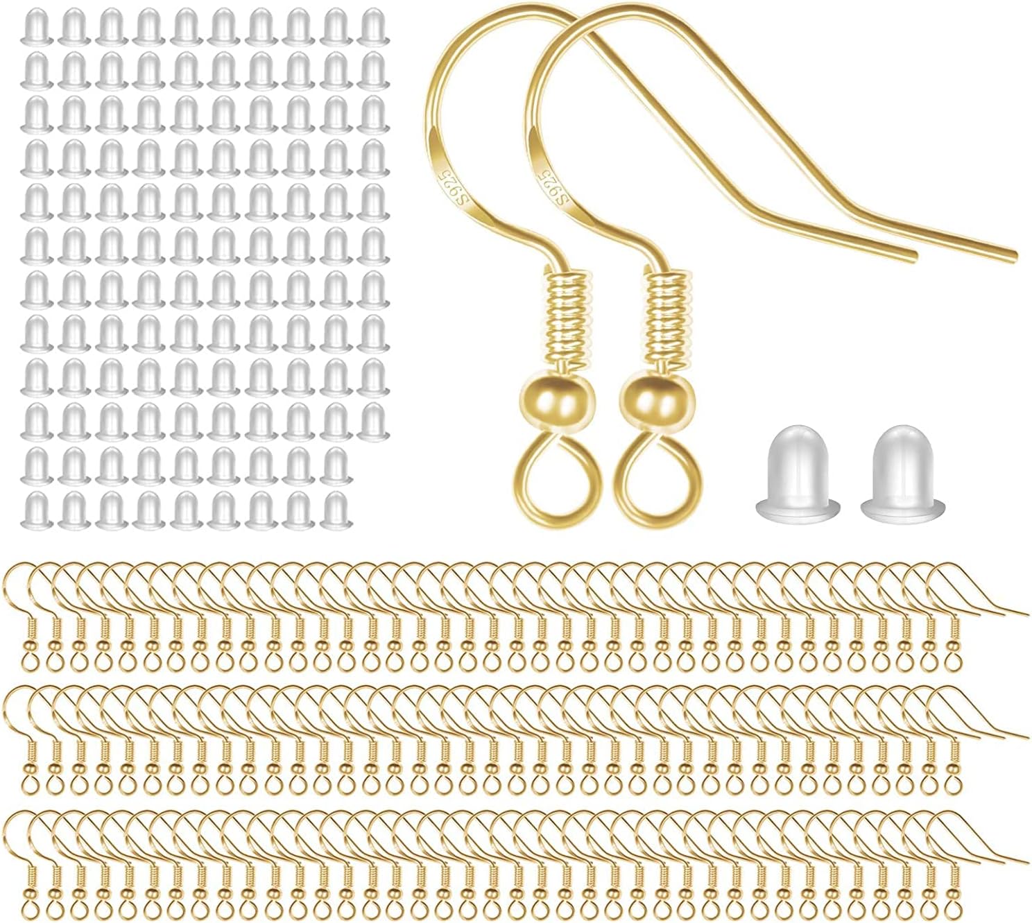 925 Sterling Silver Earring Hooks, 750PCS Earring Hooks Kit 250PCS/125Pairs Hypoallergenic Ear Wires with 250PCS Silver Open Jump Rings and 250PCS Rubber Backs Earwire for Jewelry Making