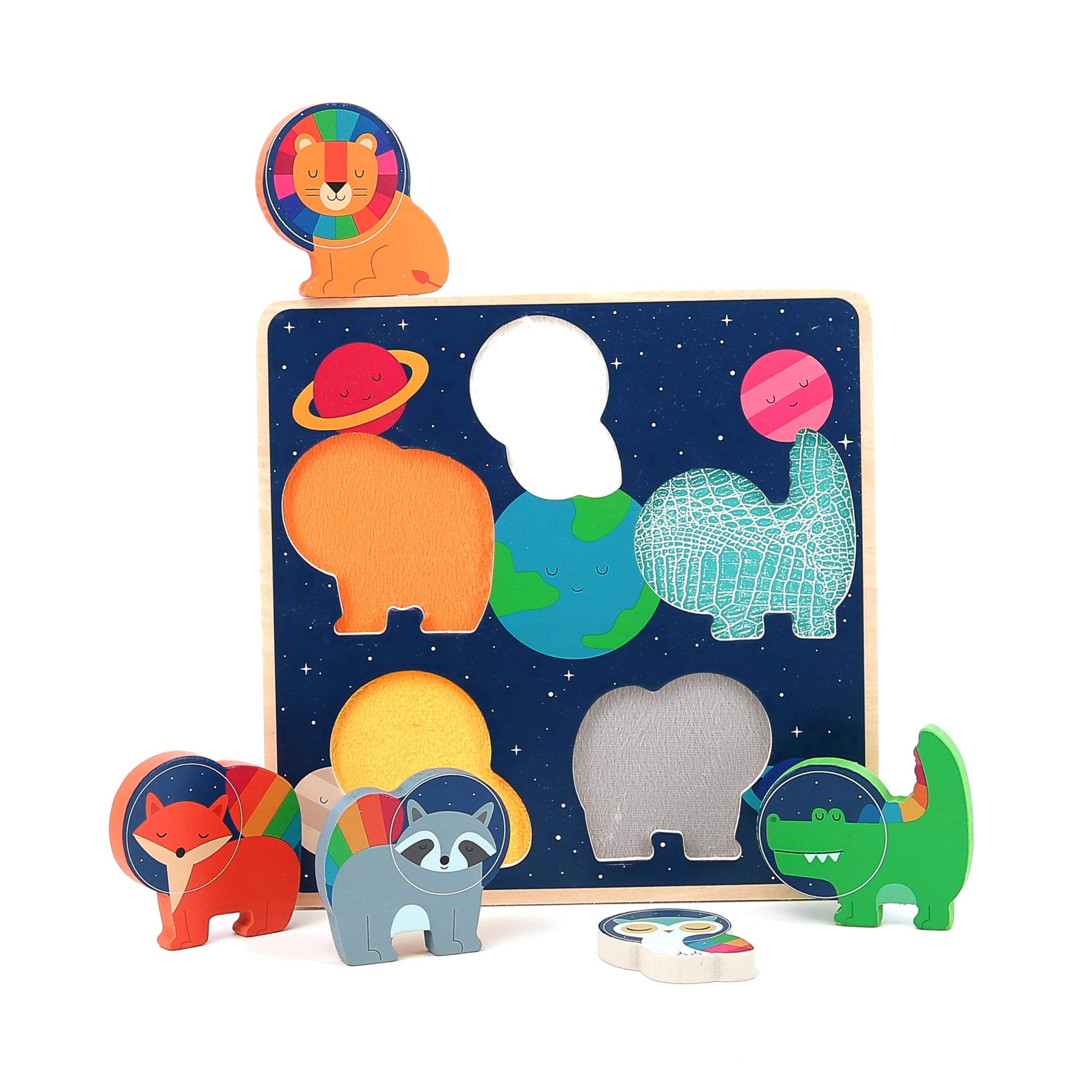 Vilac Touch and Feel Wooden Shape Puzzle - 5 Animal Pieces and Board, Montessori Game, Space Theme by Andy Westface, 18 Months+ - Image 2