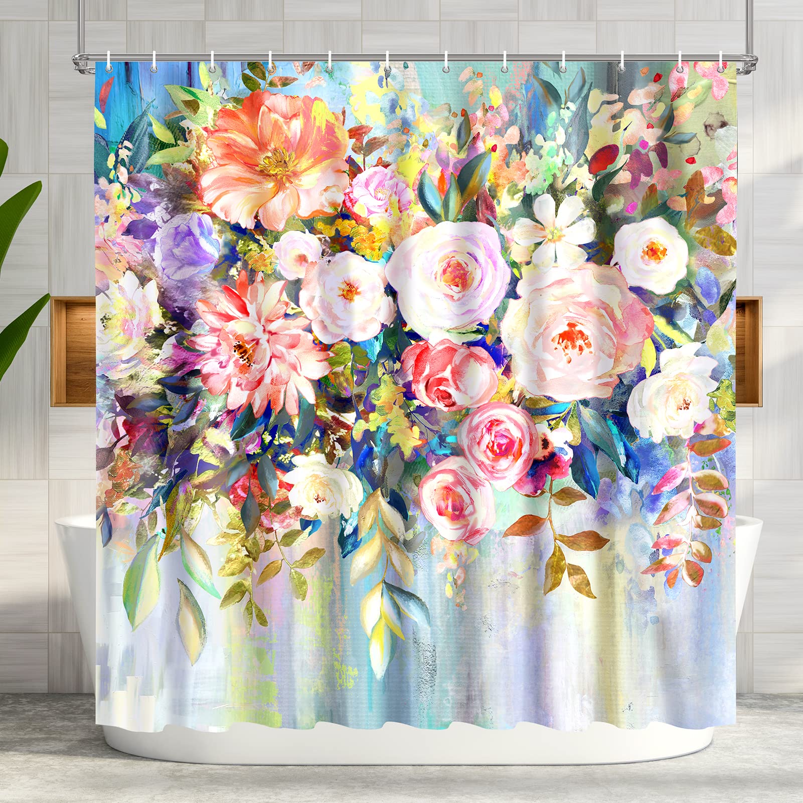 Lalumix Shower Curtain Floral, Oil Painting Flower Shower Curtains for Bathroom with Hooks, Polyester Fabric Shower Curtain Sets Machine Washable Waterproof Modern Bath Curtain Decor