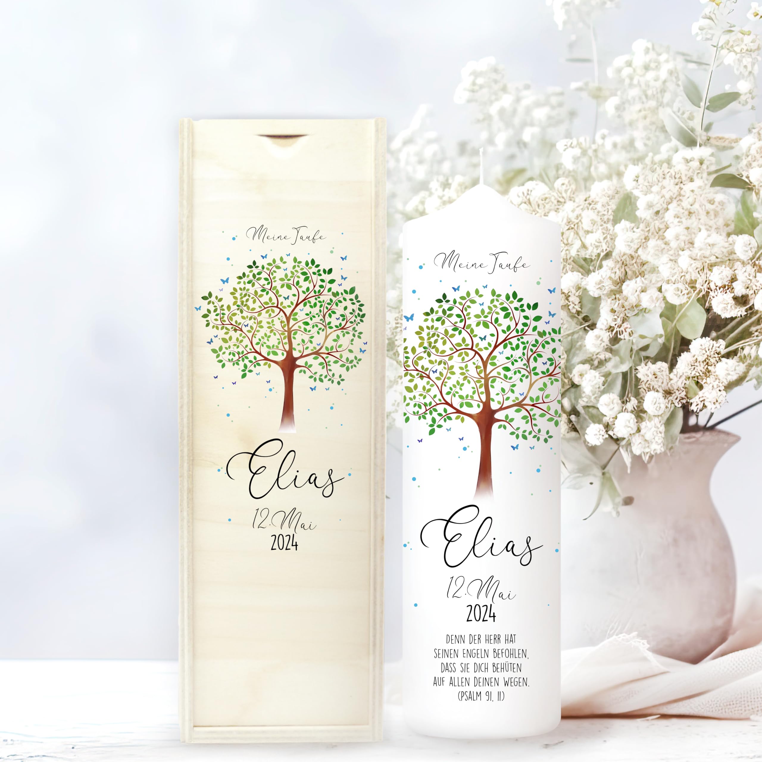 Wandtattoo Loft Taufkerze Junge oder Mädchen mit Taufspruch, Motiv mit Lebensbaum, 25cm x 7cm, personalisierte Kerze, bedruckte Kerze zur Taufe, Stumpenkerze, individuelles Taufgeschenk