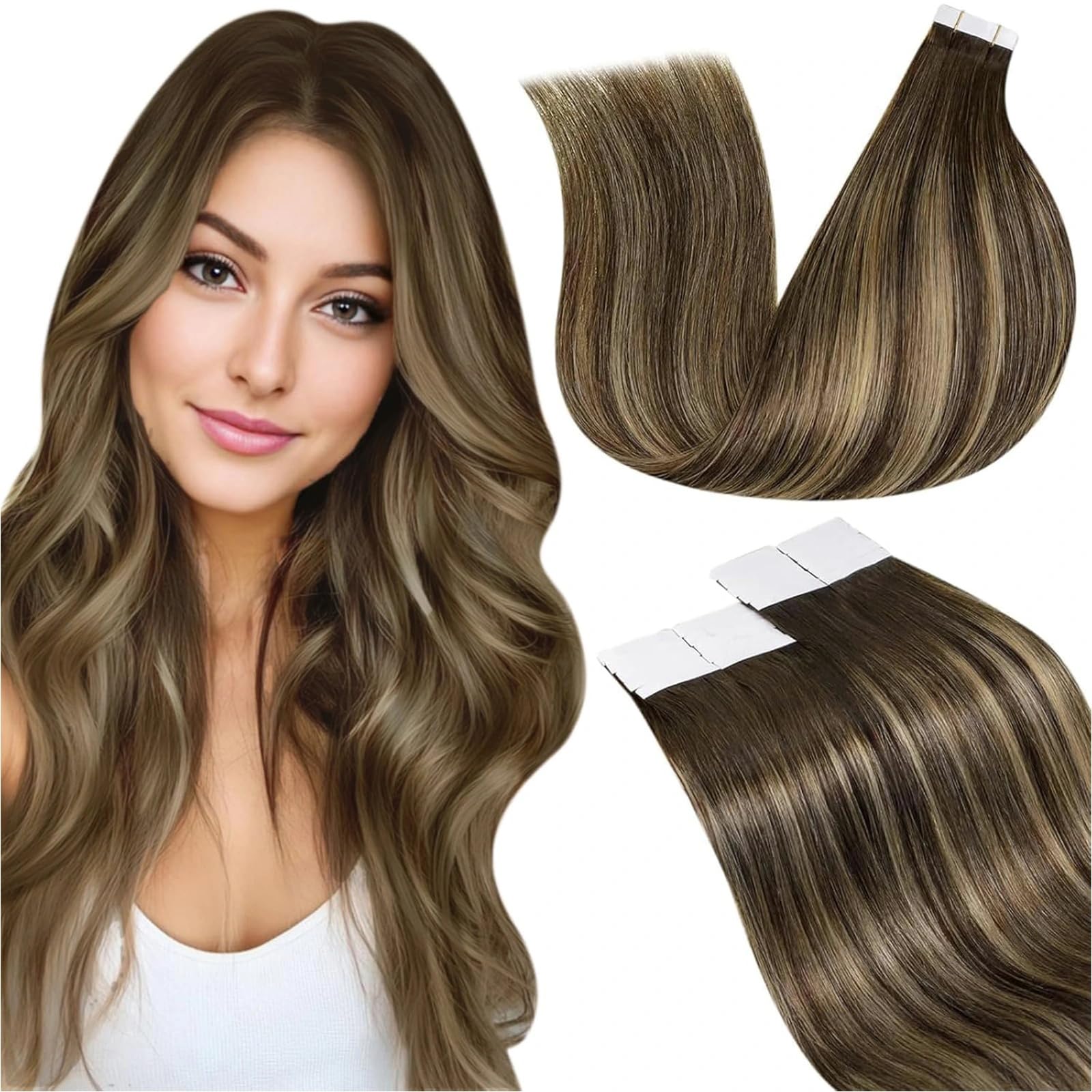 LaaVoo Tape in Hair Extensions Human Hair Blonde Tape Hair Extensions Real Human Hair Invisible Tapes Remy Straight Balayage Brown to Blonde Hair Double Sided Tabs 20pcs 50g 18 Inch #8/18/60 — view 48