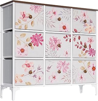 LYNCOHOME Chest of Drawers, Pink Bedroom Furniture with 9 Fabric Drawers, Storage Unit with Metal Frame and Wooden Top for Bedroom Living room, Nursery, Closet