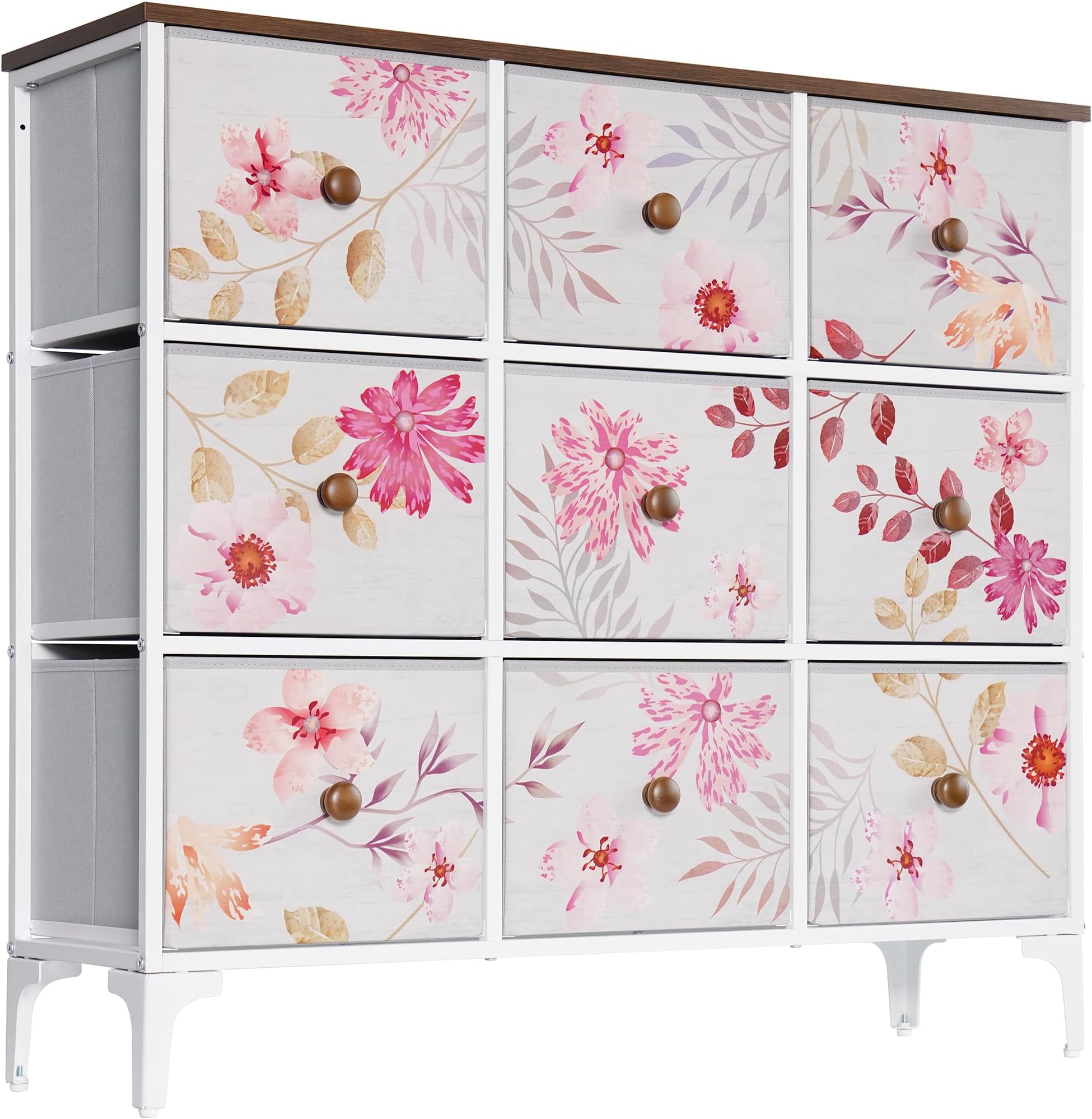 LYNCOHOME Chest of Drawers, Pink Bedroom Furniture with 9 Fabric Drawers, Storage Unit with Metal Frame and Wooden Top for Bedroom Living room, Nursery, Closet