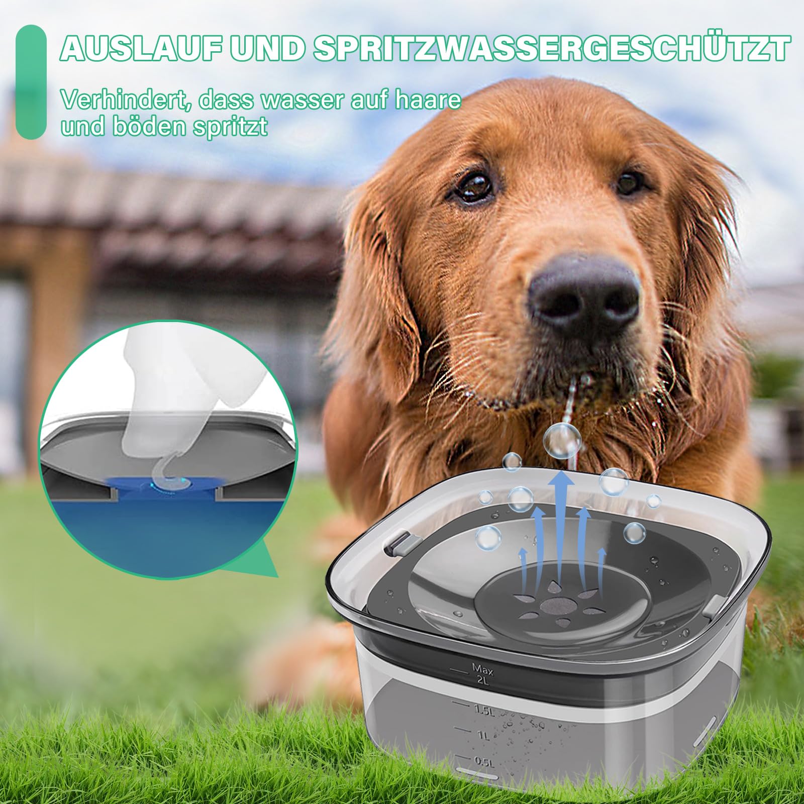 Manda® Wassernapf Hund Ohne Sabbern - 1,5L Spritzfreier Trinkbrunnen Mit Faltbarer Schüssel