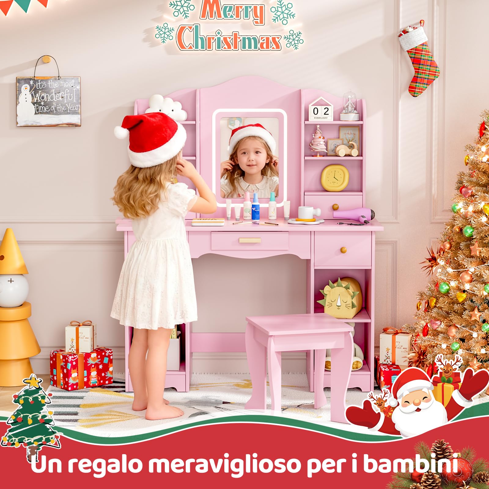 MAMIZO Toeletta Trucco Bambina con Sgabello LED, Toeletta per Bambini con Sedia, 5 Cassetti e 10 Scomparti Portaoggetti, 3 Modalità di Illuminazione Regolabili, 95x34x118cm, Rosa