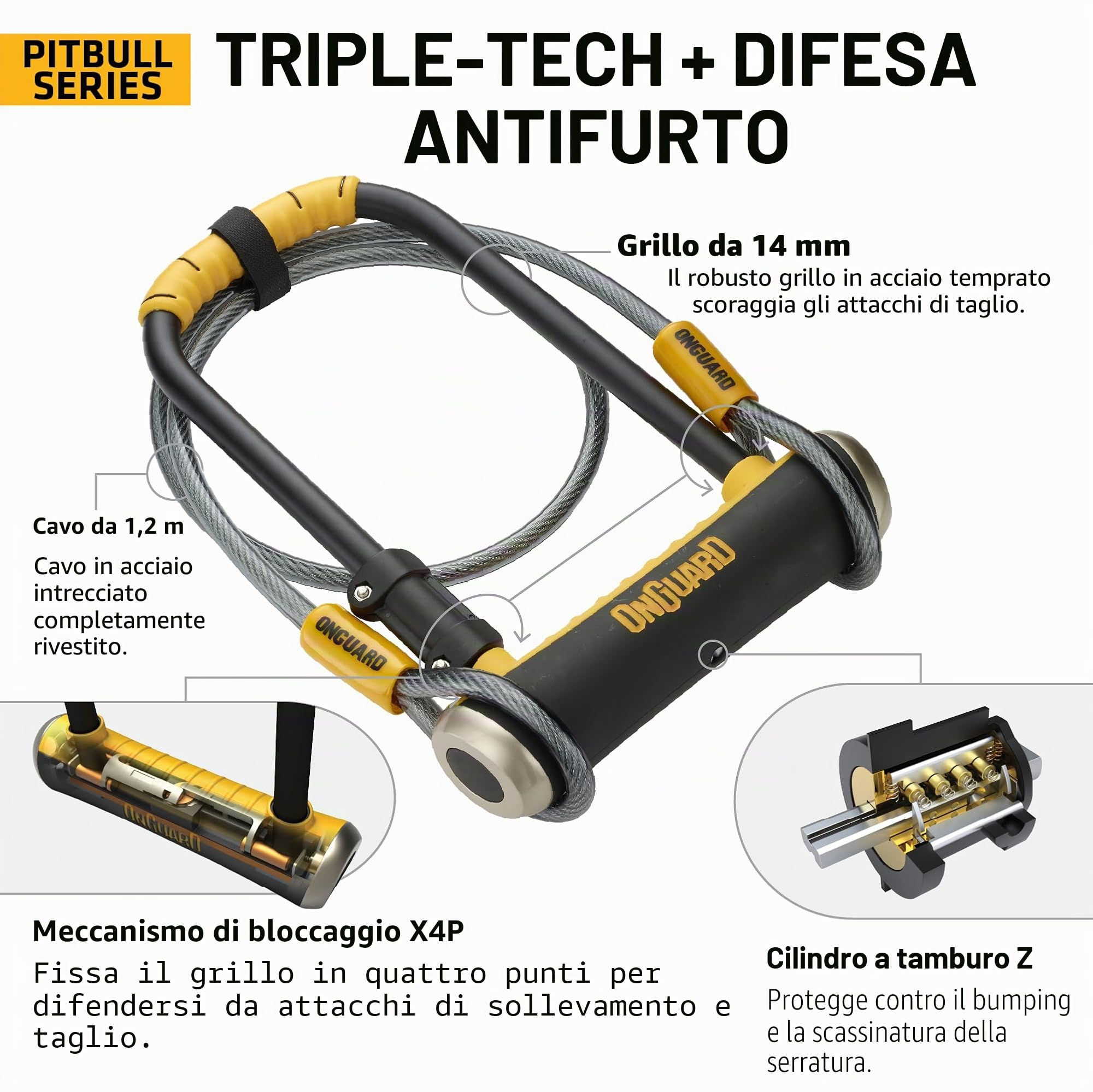 OnGuard Arco Pitbull 115x230mm, Acro Lucchetto Unisex Adulto, Nero, 115 x 230 14 mm 120 cm 10