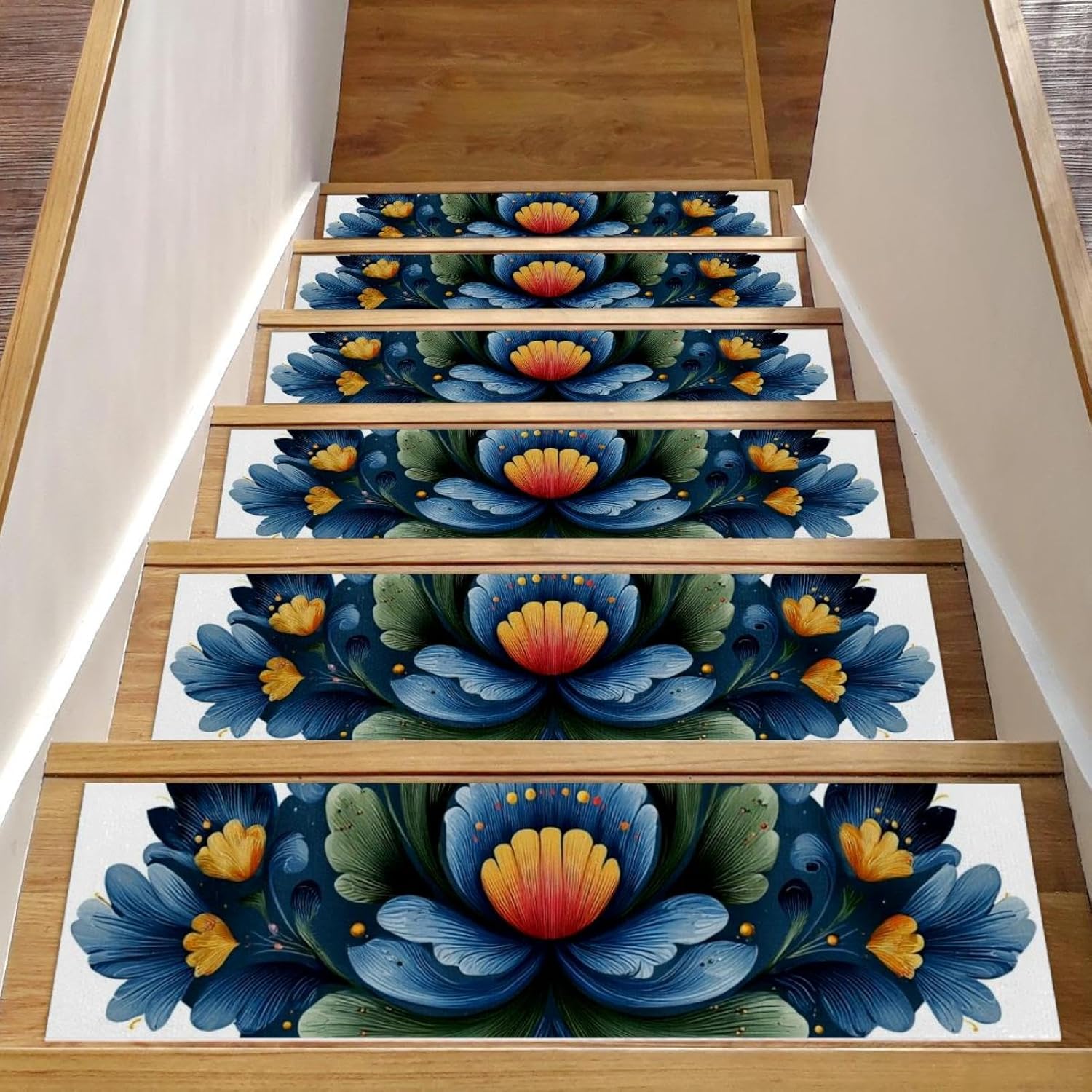 15 pcs Stair Treads 8"x30", Norwegian Rosemaling Folk Style Flower - 2025-11-19T153801.929 Indoor Stair Runners Carpet Stair Tread,Watercolor Non-Slip Staircase Step Treads for Kids,Elders,Pets