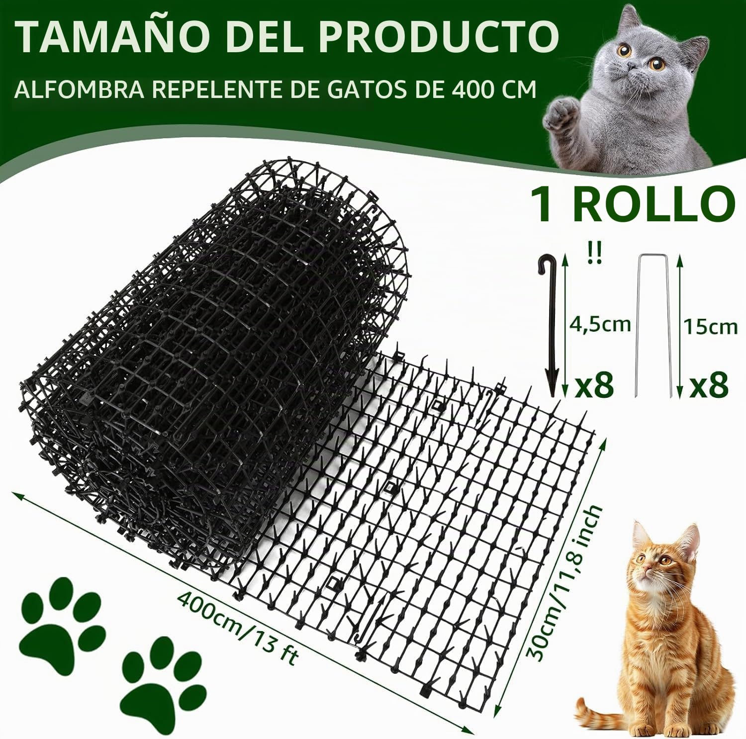 AKOLAFE Estera para excrementos de gato con 8 clavijas de metal para exteriores 400x30 CM Anti pinchos para gatos, espigas repelentes de gatos, esteras disuasorias de excrementos de perro, zorro, para