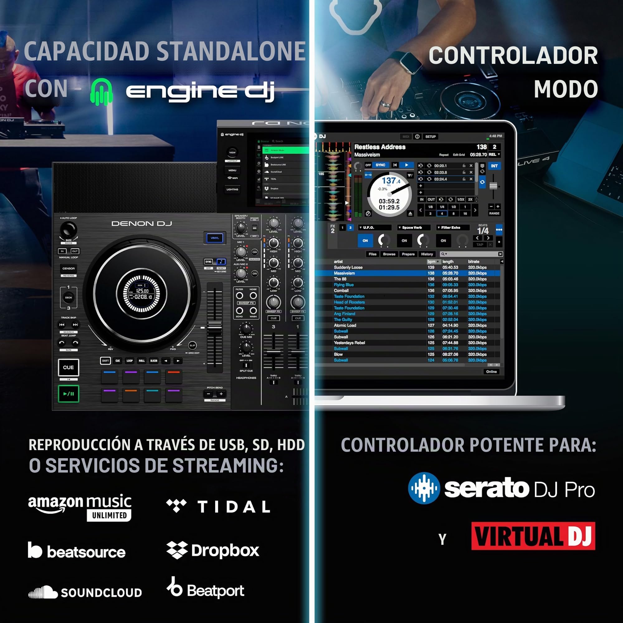 Denon DJ SC LIVE 4 - Controlador DJ autónomo, mezclador 4 canales, streaming de Amazon Music & SoundSwitch DMX Micro Interface - interfaz de USB a DMX ultra compacta