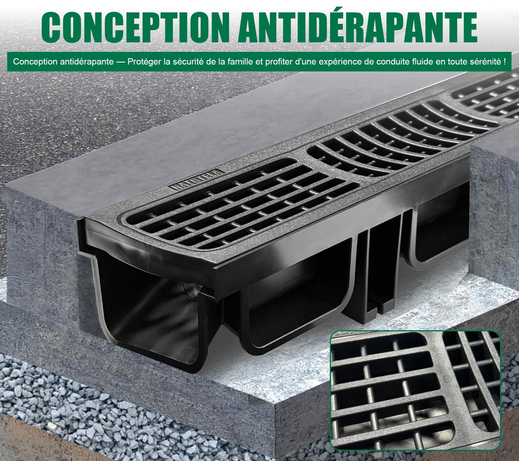 Lot de 12: 500x140x100 mm Caniveau Terrasse en PEHD Noir avec Grille, B125 caniveau extérieur de Drainage en PEHD, 6m, pour l'allée, Le Jardin, la terrasse, Le Garage, Le Cour