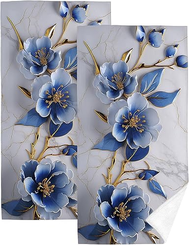 Juego de 2 toallas de mano decorativas para baño, diseño floral azul retro, diseño de flores modernas abstractas, toallas de mano para baño, yoga,