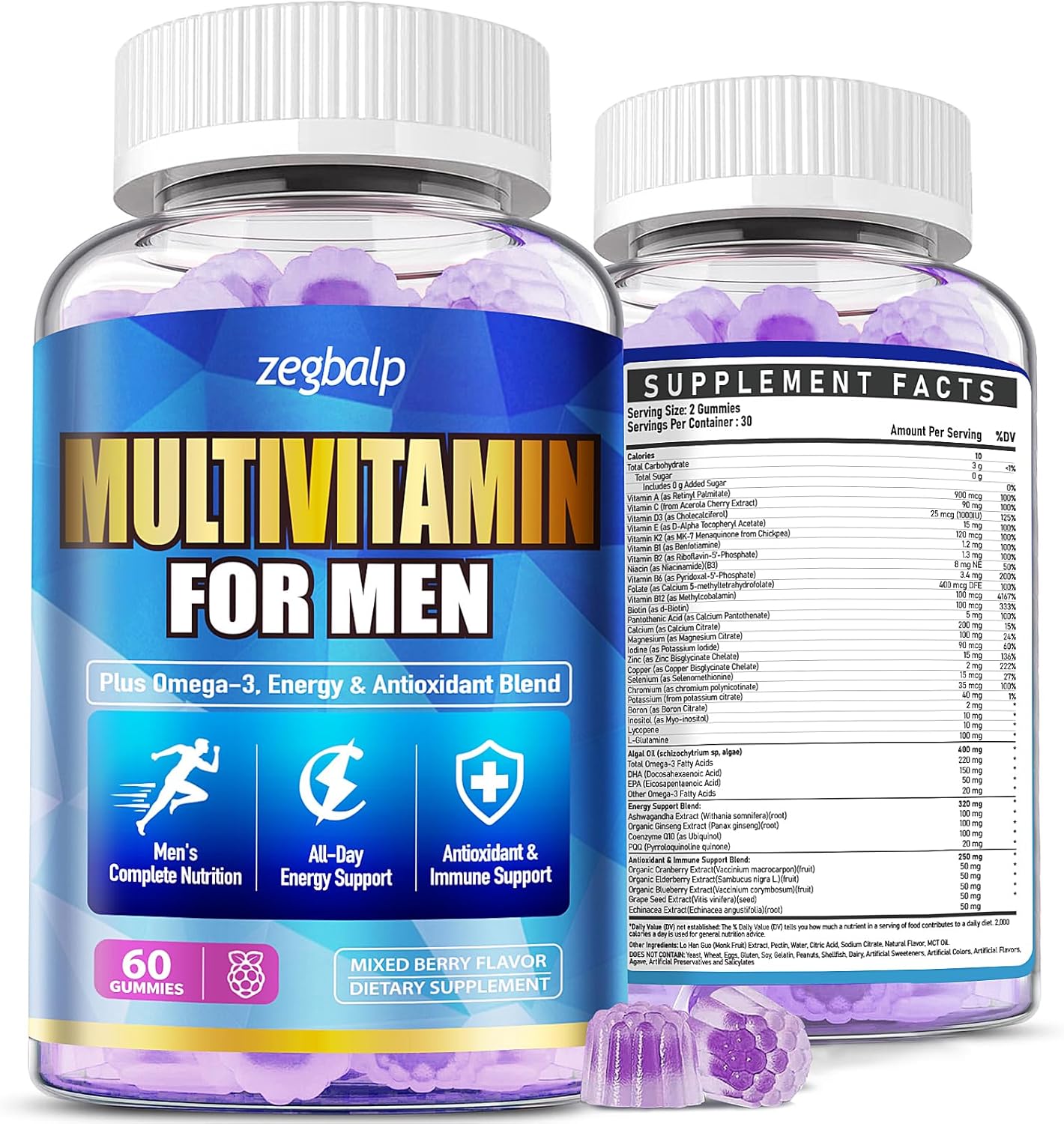Mens Multivitamins Gummies with Methylated Vitamins - Vegan Omega-3, CoQ10, Vitamin A C D3 K2 B12, Calcium, Zinc, Grape Seed Support Energy & Antioxidant - Multivitamin for Men Gummies, Sugar-Free
