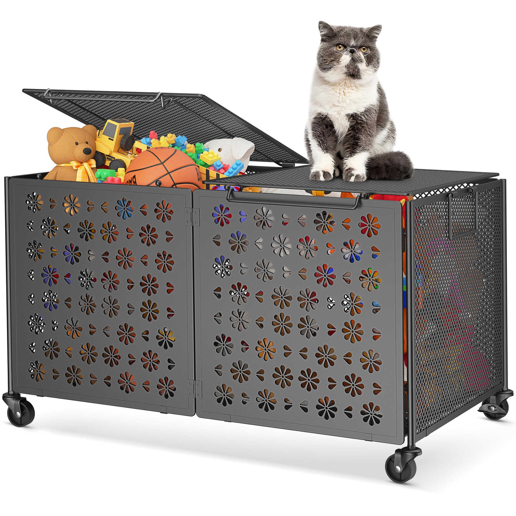 Zannaki 83L Toy Box Chest with Lids and Wheels, Large Sturdy Collapsible Toy Organizer, Metal Rolling Toy Storage Bin Basket for Kids Boys Girls Playroom Nursery Living Room Bedroom Organization