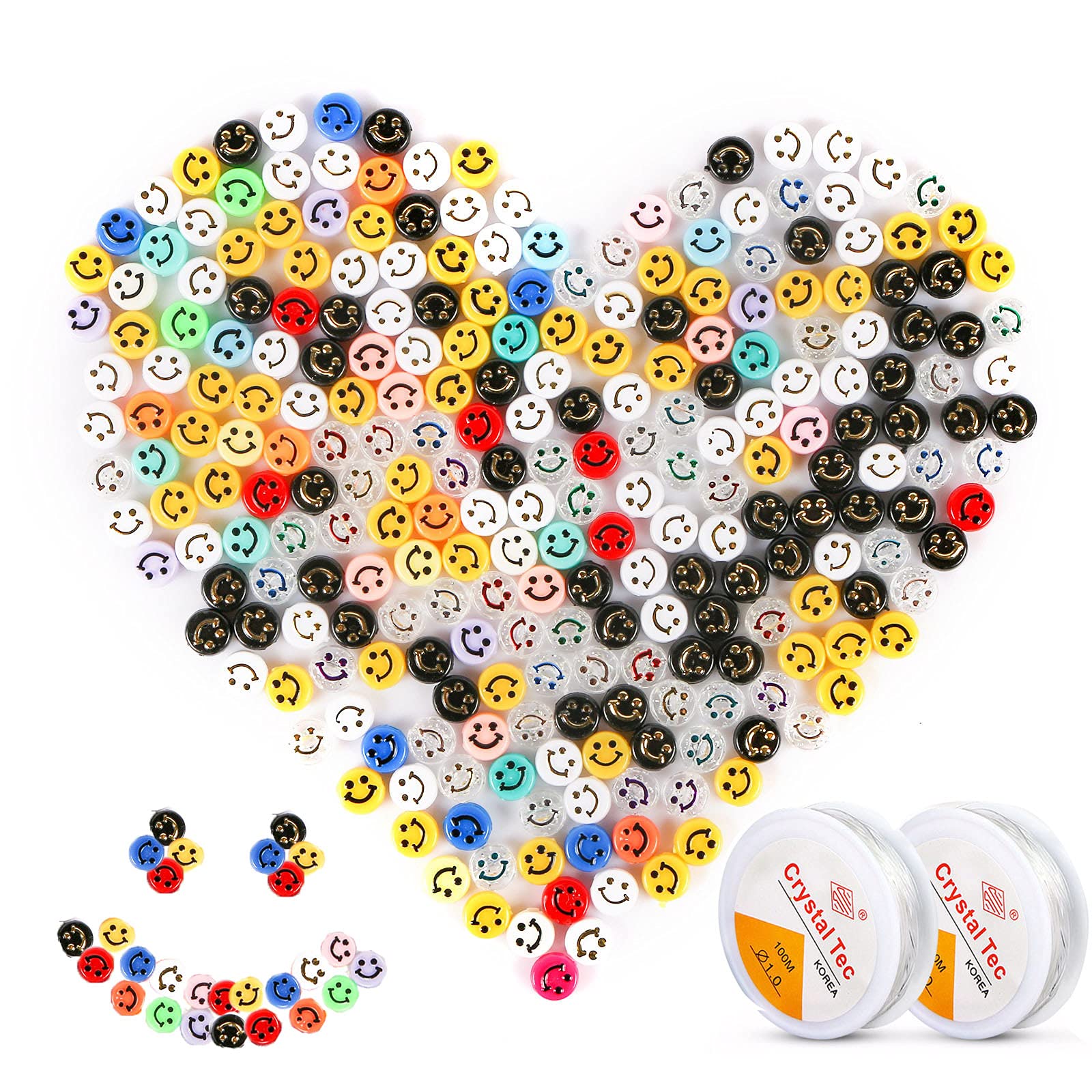 ROLEES250 Pcs Acrylic Smiley Face Beads Happy Face Spacer Beads Colourful Smiling Face Beads for DIY Jewelry Bracelet Earring Necklace Craft Making Supplies with 2 roll Crystal Elastic String